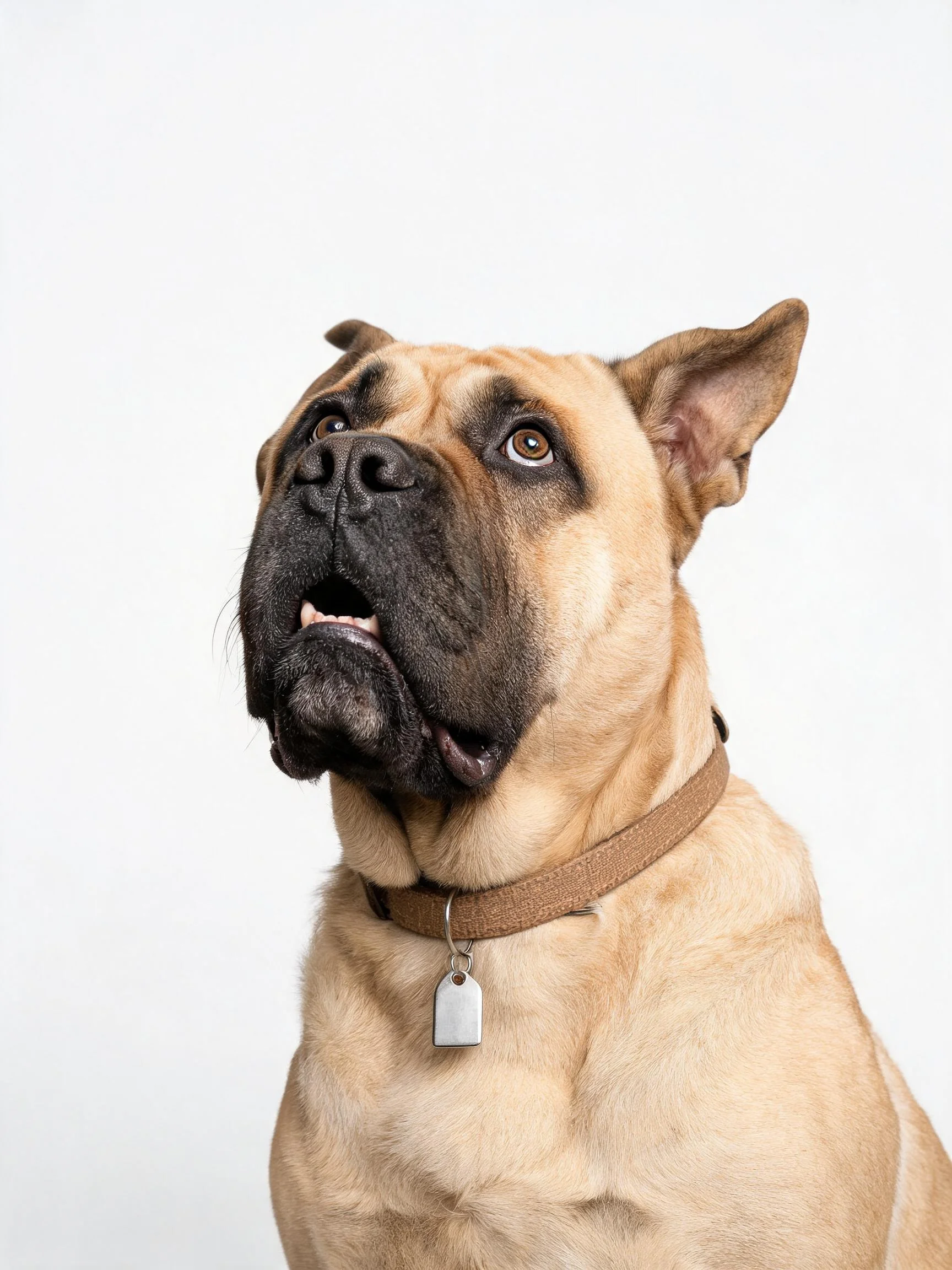 波尔博耶犬眼神专注,浅棕色被毛与深色面部形成鲜明对比,佩戴着棕色皮质项圈并带有金属身份牌。