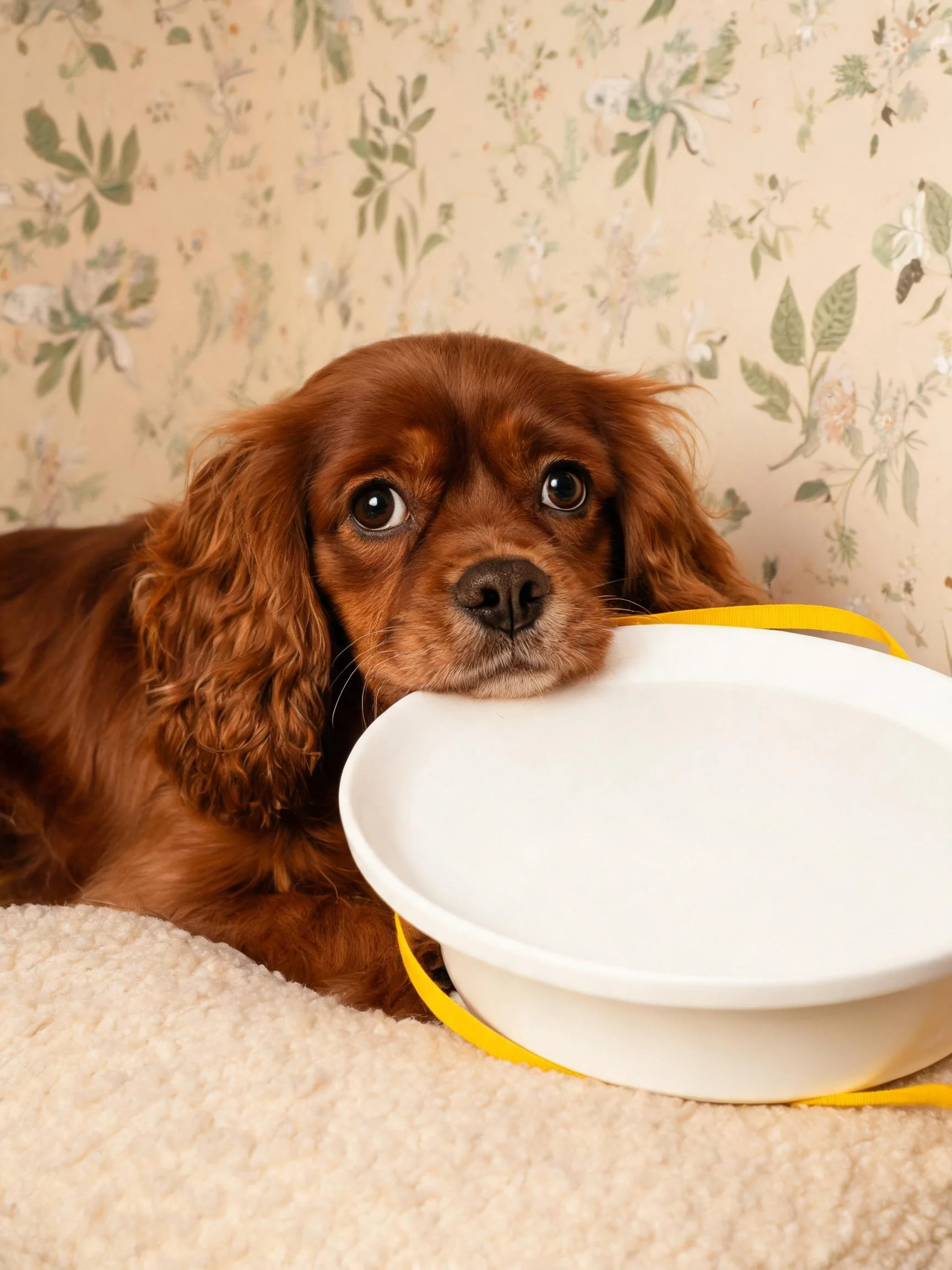 可卡犬将下巴靠在白色食盆边缘,双眼明亮,红棕卷曲皮毛清晰可见。