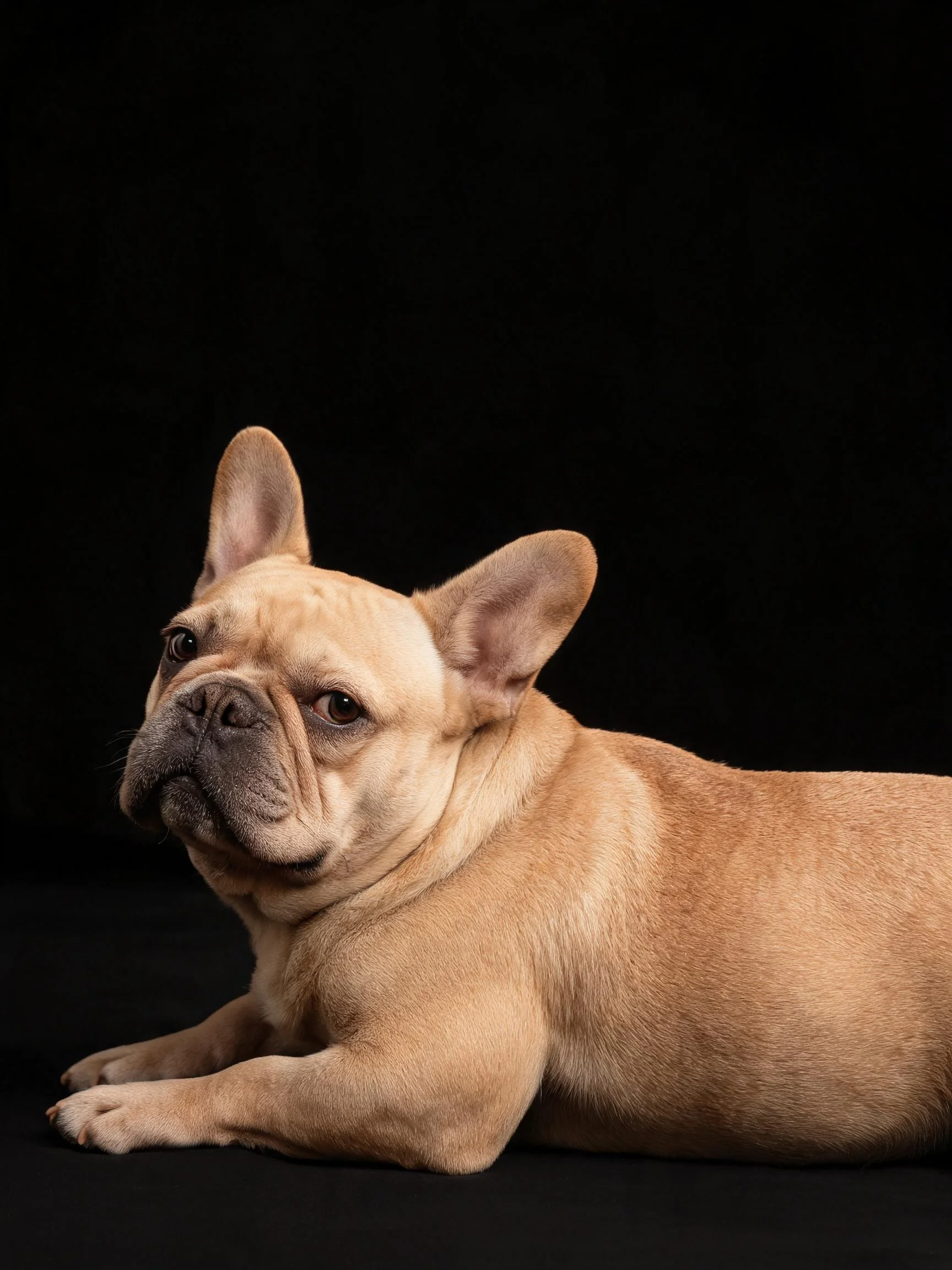 法国斗牛犬有着浅棕色被毛,短而宽的头部带有皮肤褶皱,正安静地趴在黑色背景前。