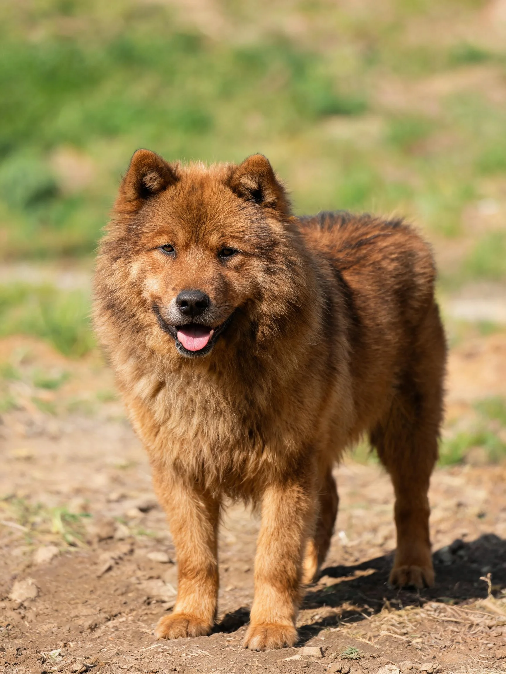 一只猞猻犬站在泥土小径上,露出粉红色舌头,毛发浓密蓬松。