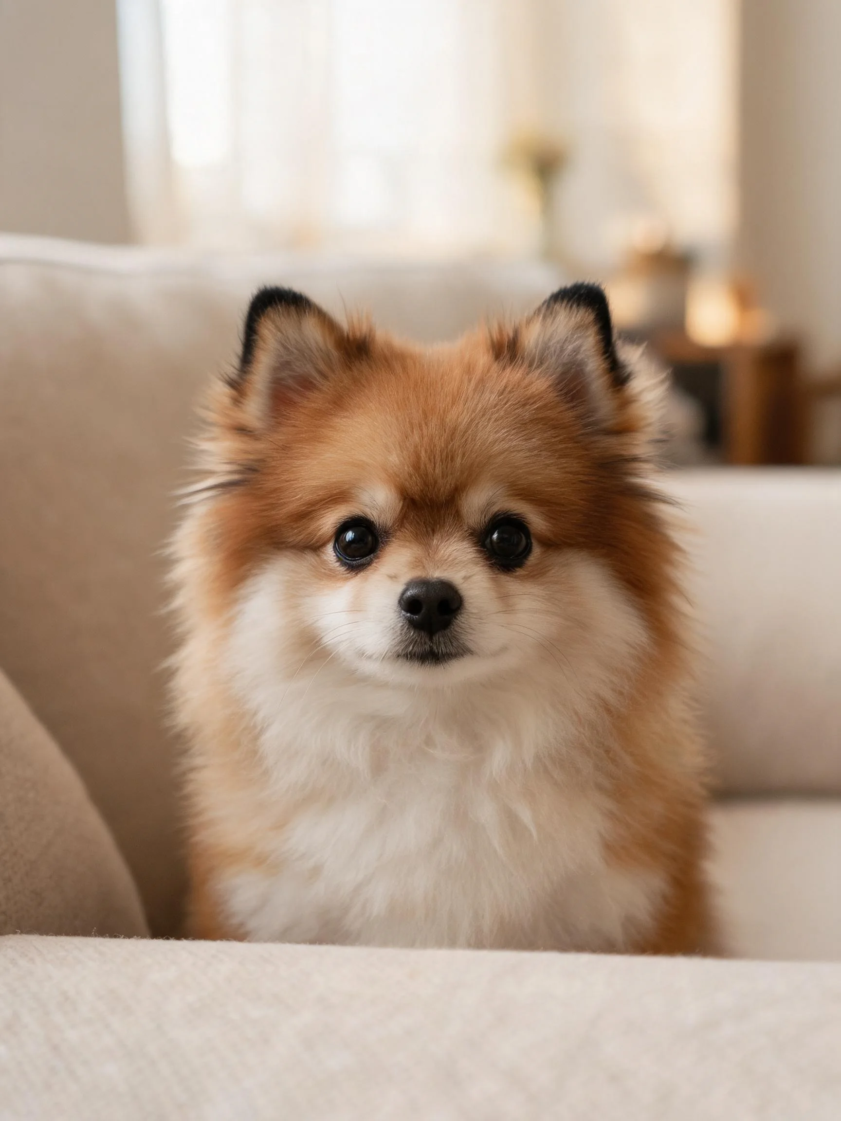 一只小型博美犬坐在浅色沙发上,棕白相间的蓬松毛发柔软顺滑,眼神明亮注视着镜头。