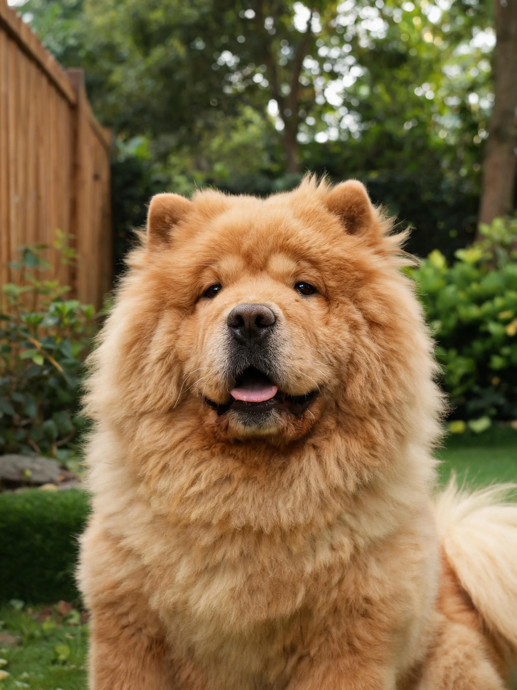 獒犬有着浓密金棕色蓬松毛发,嘴巴微张露出粉色舌头。