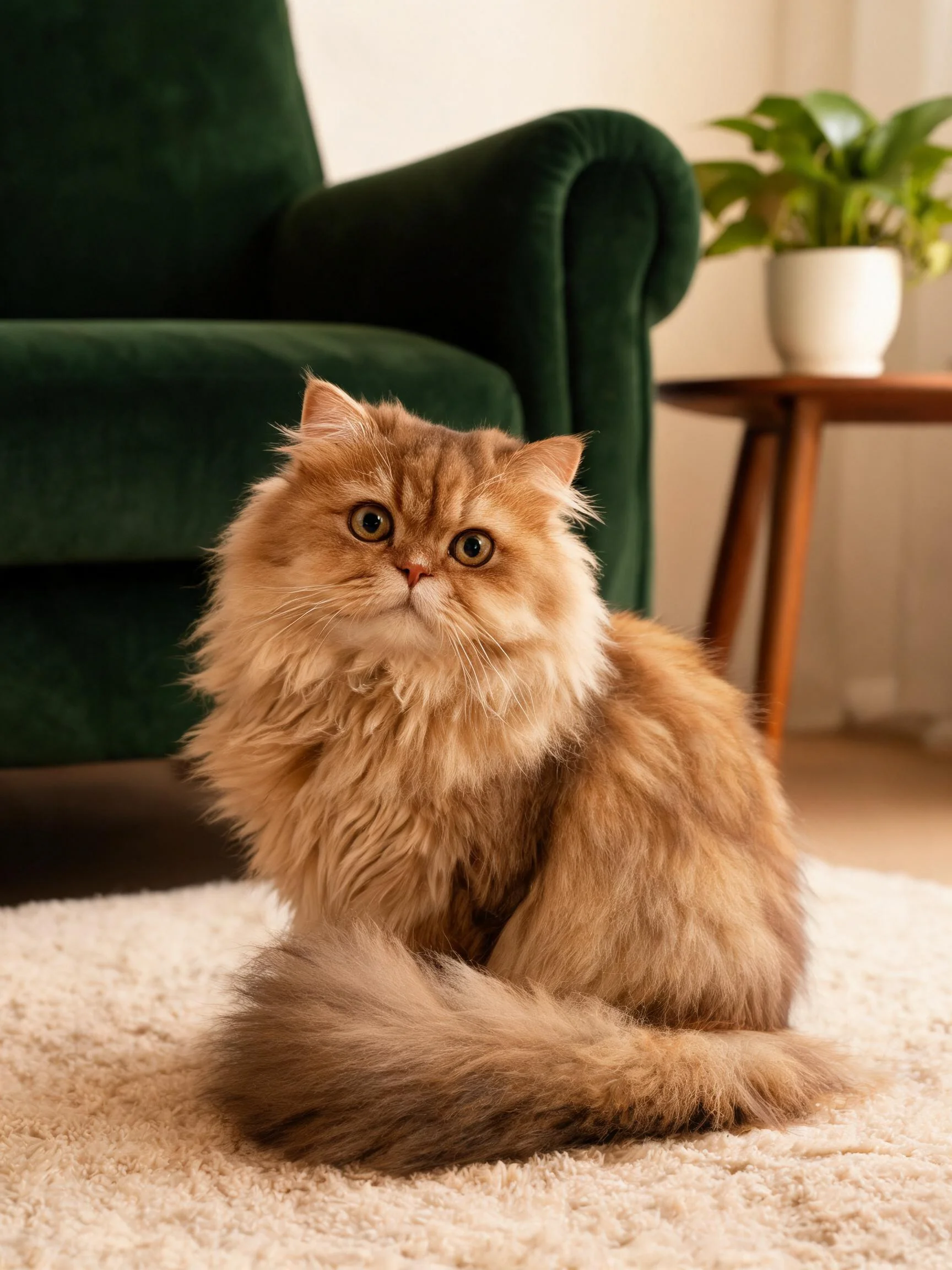 金毛长毛波斯猫安静地坐在地毯上,蓬松的金棕色毛发清晰可见。