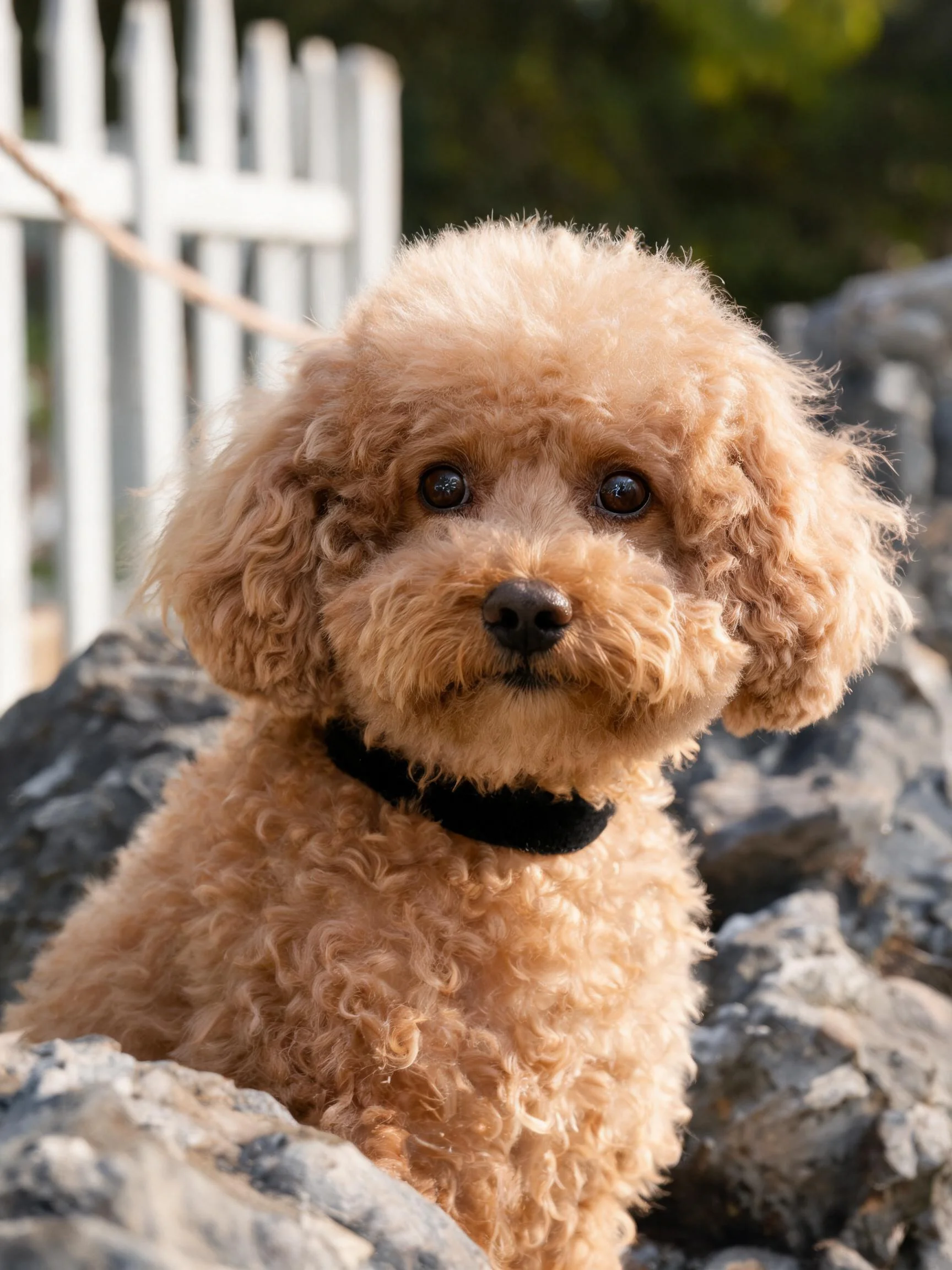 迷你贵宾犬浅棕色卷曲毛发贴附在岩石旁,黑色项圈清晰可见。
