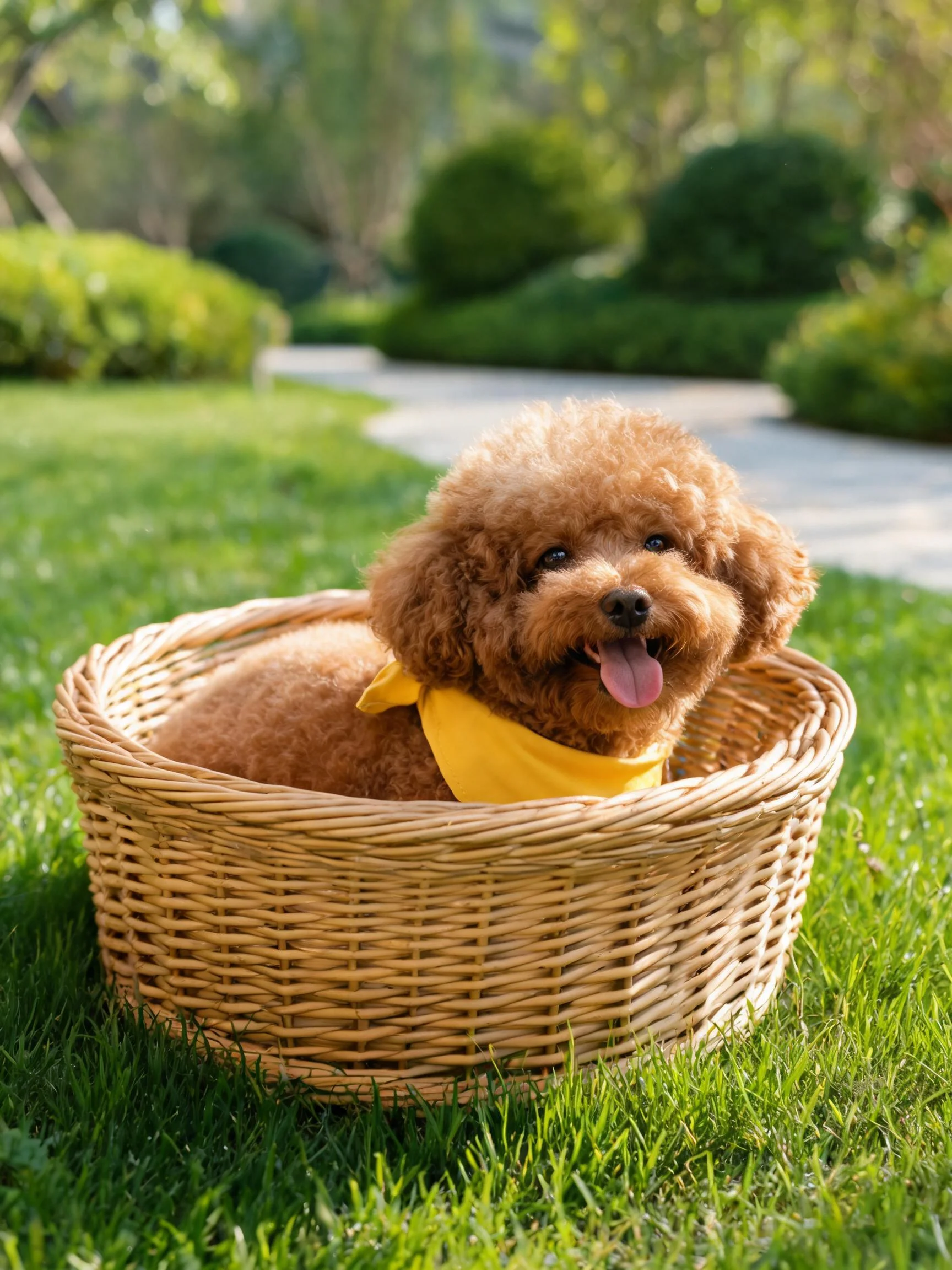迷小贵宾犬有着卷曲的红棕色毛发,戴着黄色围巾,嘴巴张开露出舌头,坐在藤篮里。