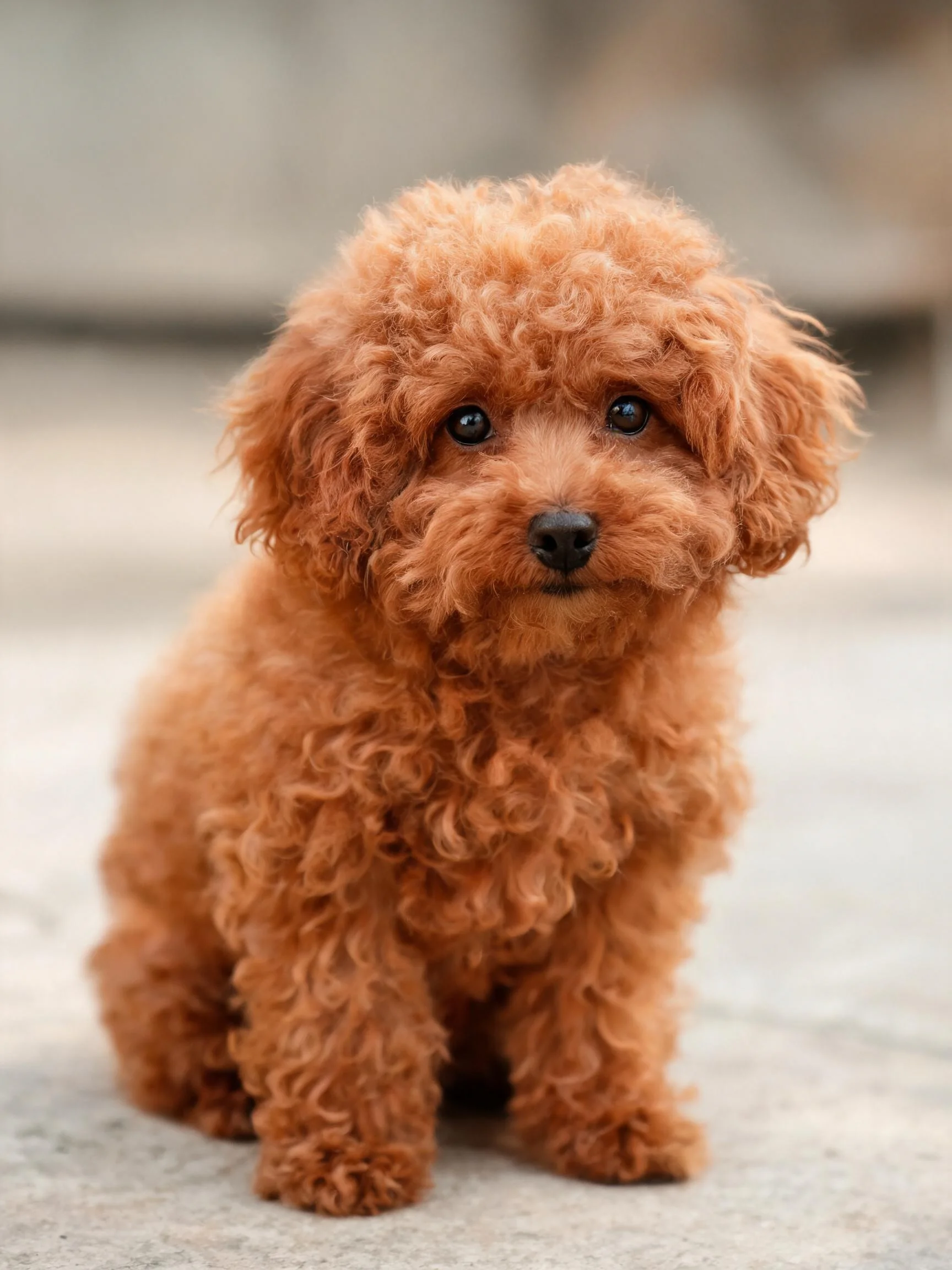 一只小型贵宾犬，拥有浓密的红棕色卷曲毛发，安静地待在户外光滑地面上。