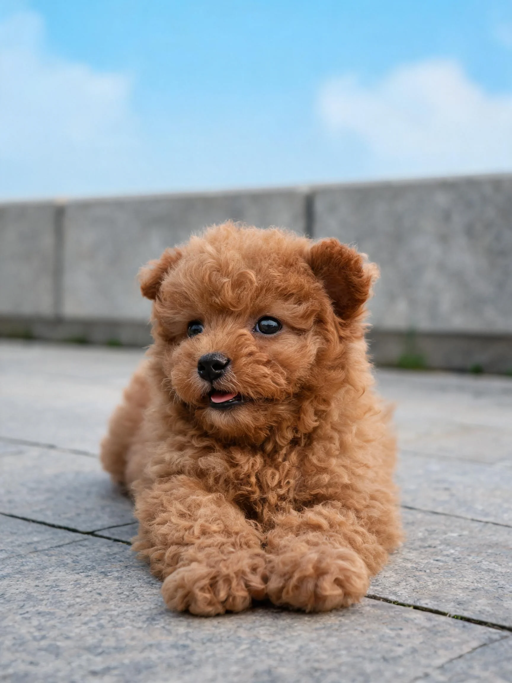 一只毛色棕红的贵宾幼犬趴卧在砖石地面上,卷曲蓬松的毛发覆盖全身,面部表情平静。