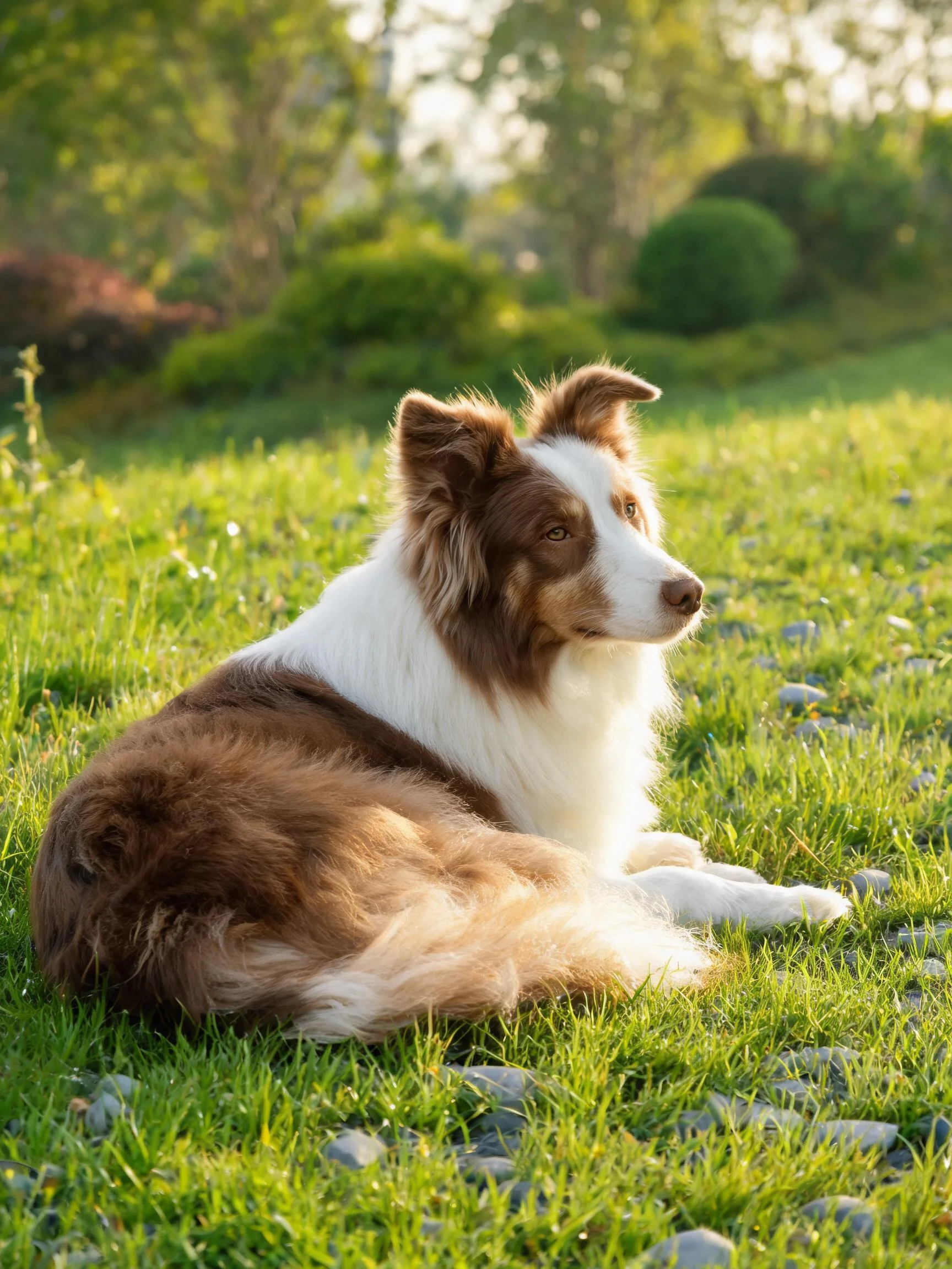 边境牧羊犬趴卧在阳光明媚的草地上,棕白相间的毛发蓬松柔软,周围散落着石块。