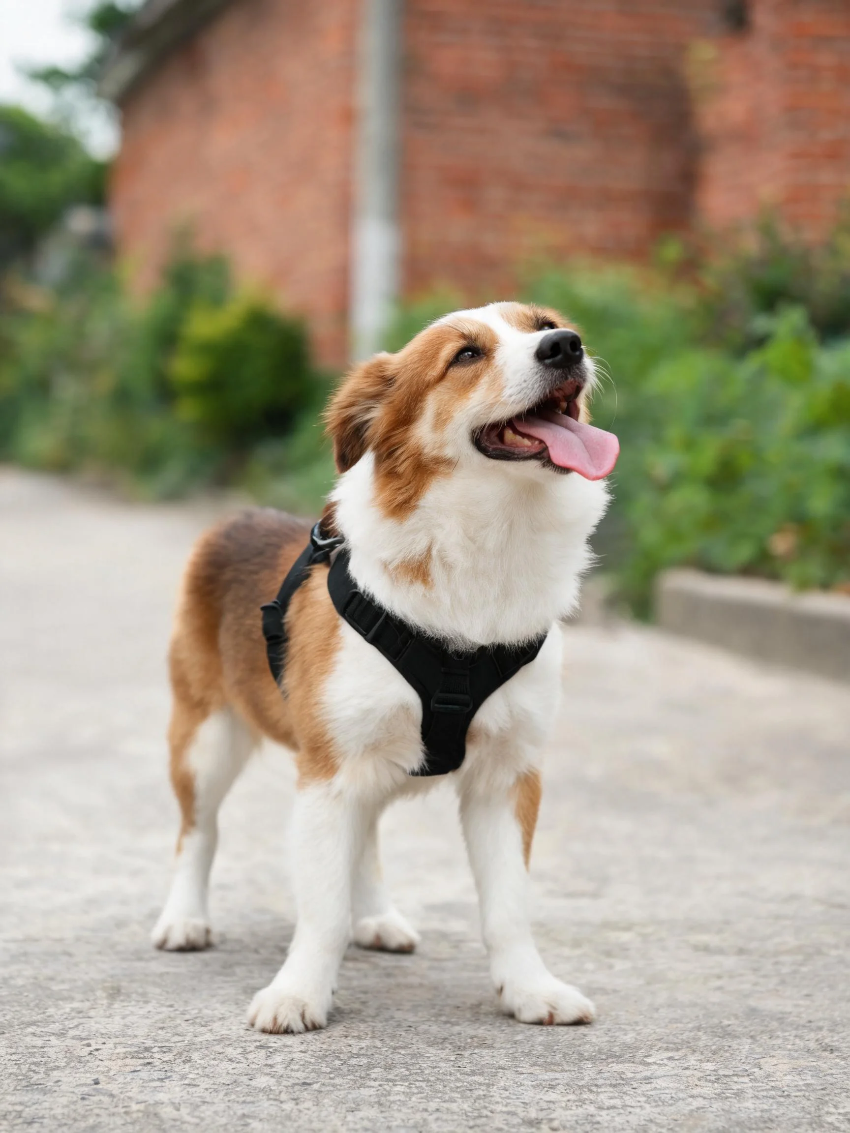 边境牧羊犬戴着黑色胸背带,嘴巴张开露出湿润的粉色舌头。