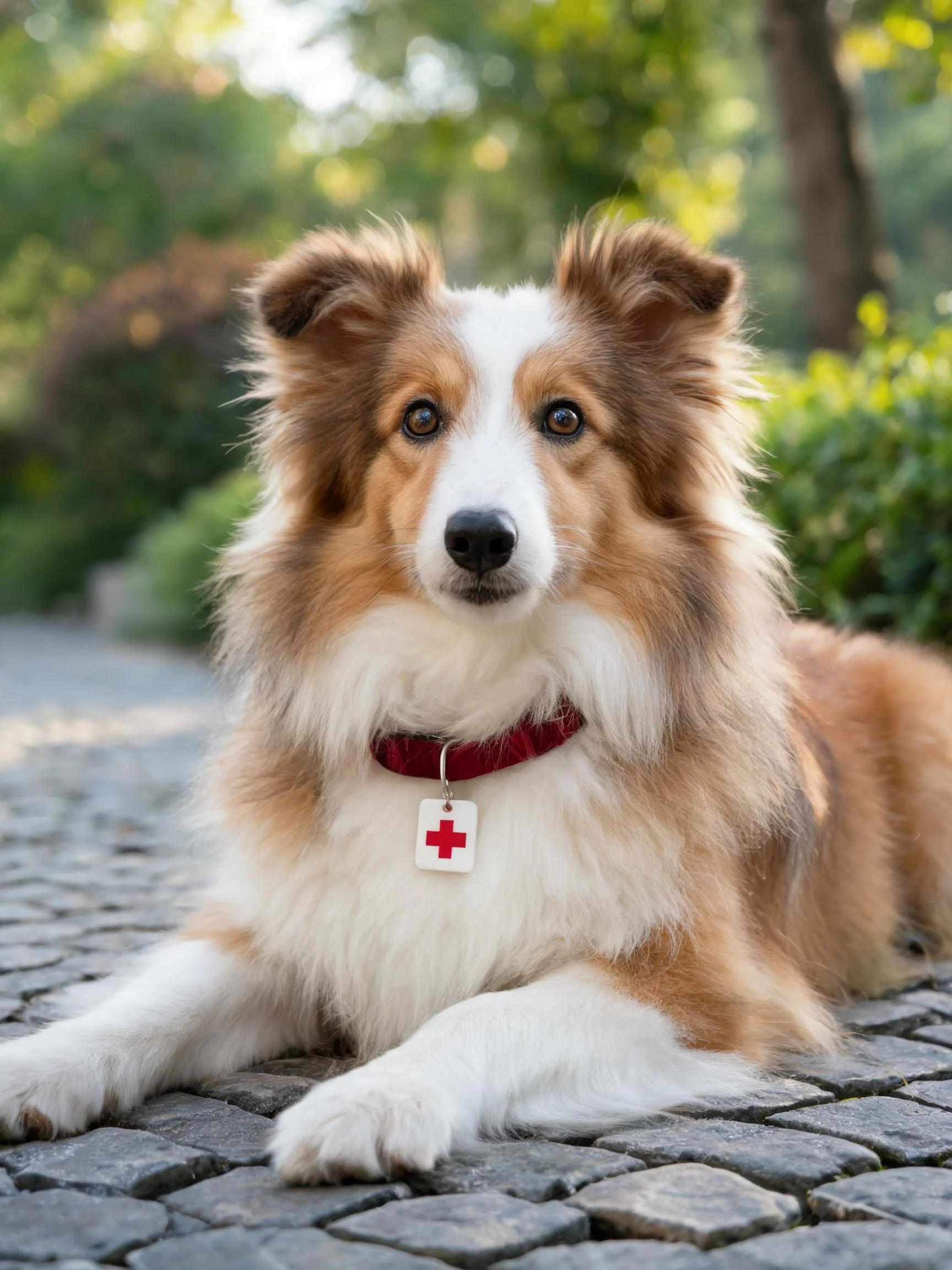 边境牧羊犬安静趴卧在石板路上,红棕色与白色相间的毛发蓬松柔软,项圈上挂着带红十字的牌子。