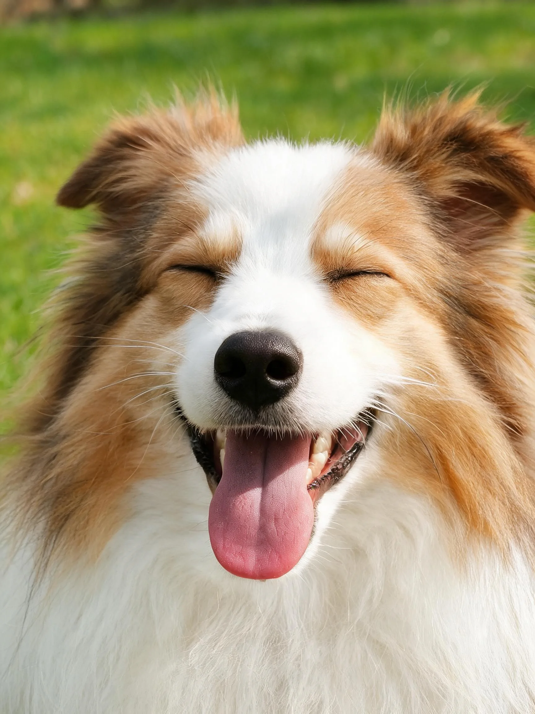 边境牧羊犬双眼紧闭,棕白相间的毛发,舌头伸展展示愉悦表情。