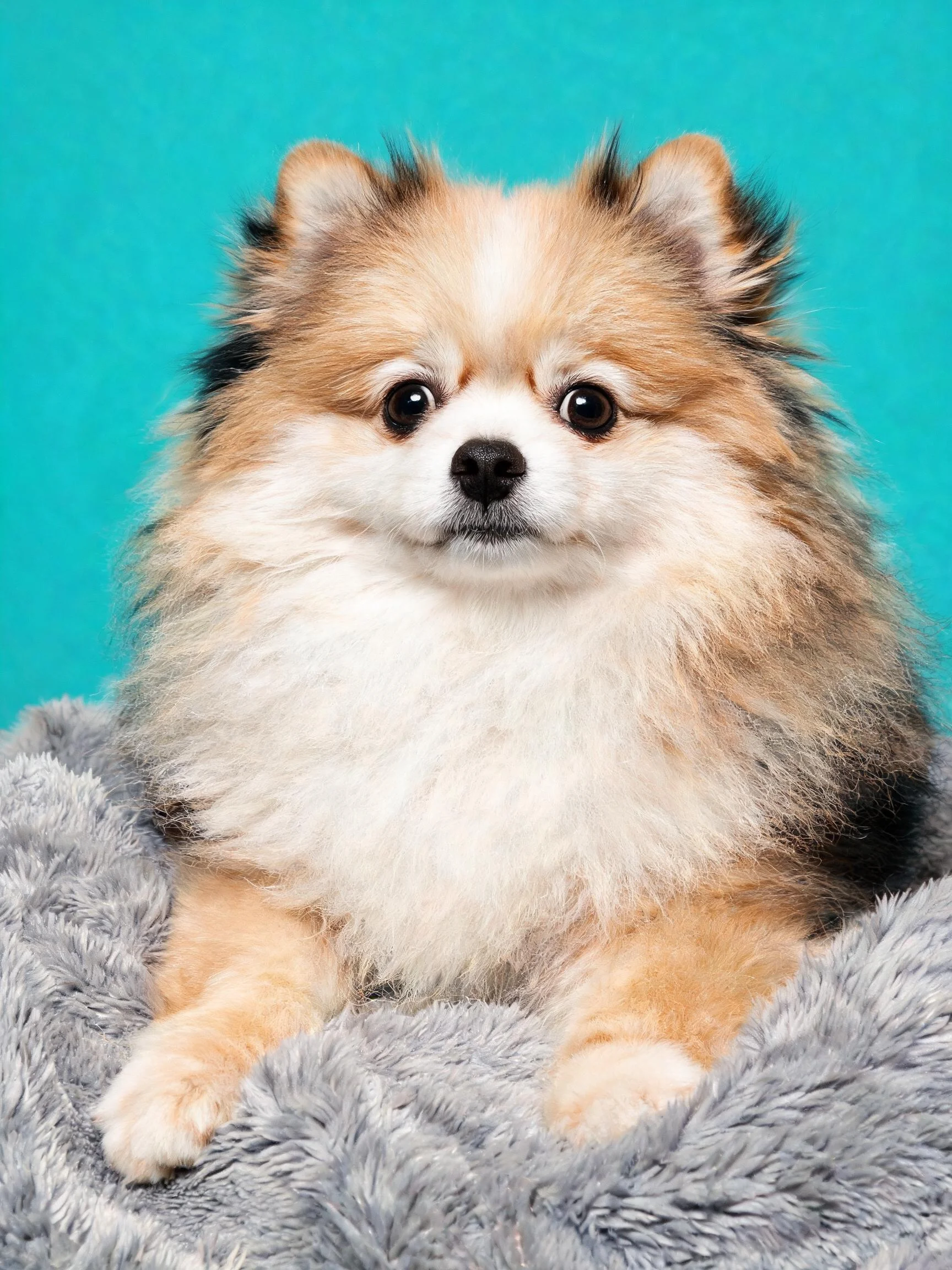 博美犬安静地坐在灰色绒质毯子上,蓬松的浅棕色与白色毛发清晰可见。