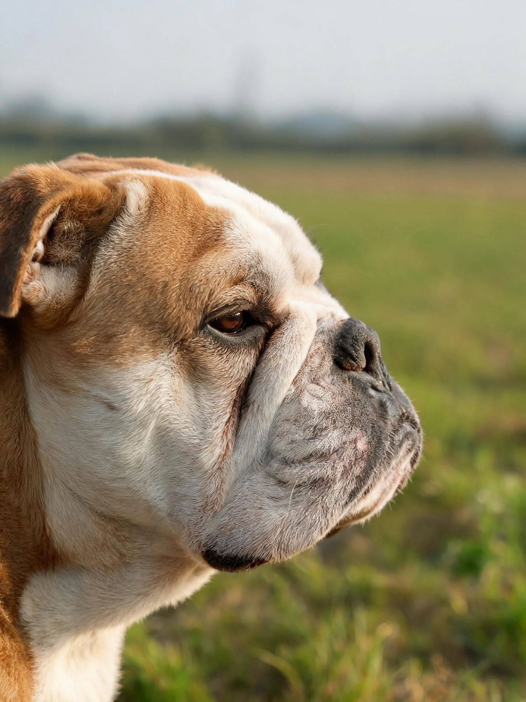 英国斗牛犬有着棕白相间的皮毛和明显面部褶皱，在户外环境中安静伫立。