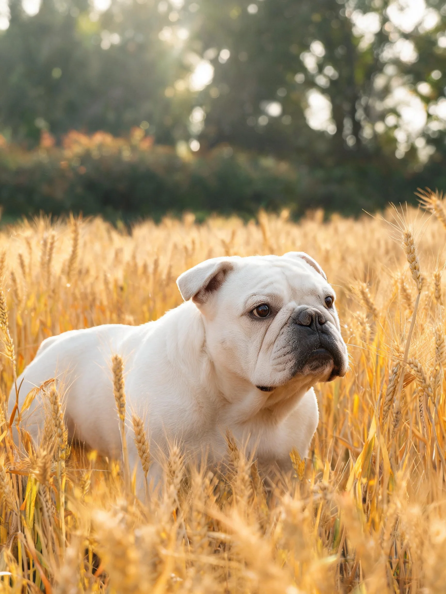 英国斗牛犬幼犬安静地坐在金黄色的麦田中,白色的短毛蓬松柔软,周围环绕着成熟的麦穗。