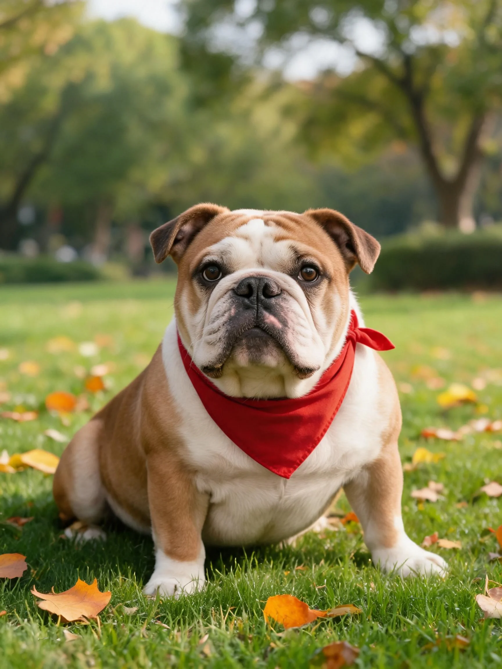 英国斗牛犬安静注视前方，浅棕色与白色相间的短毛，红色丝巾系在颈部，周围散落着秋日落叶。