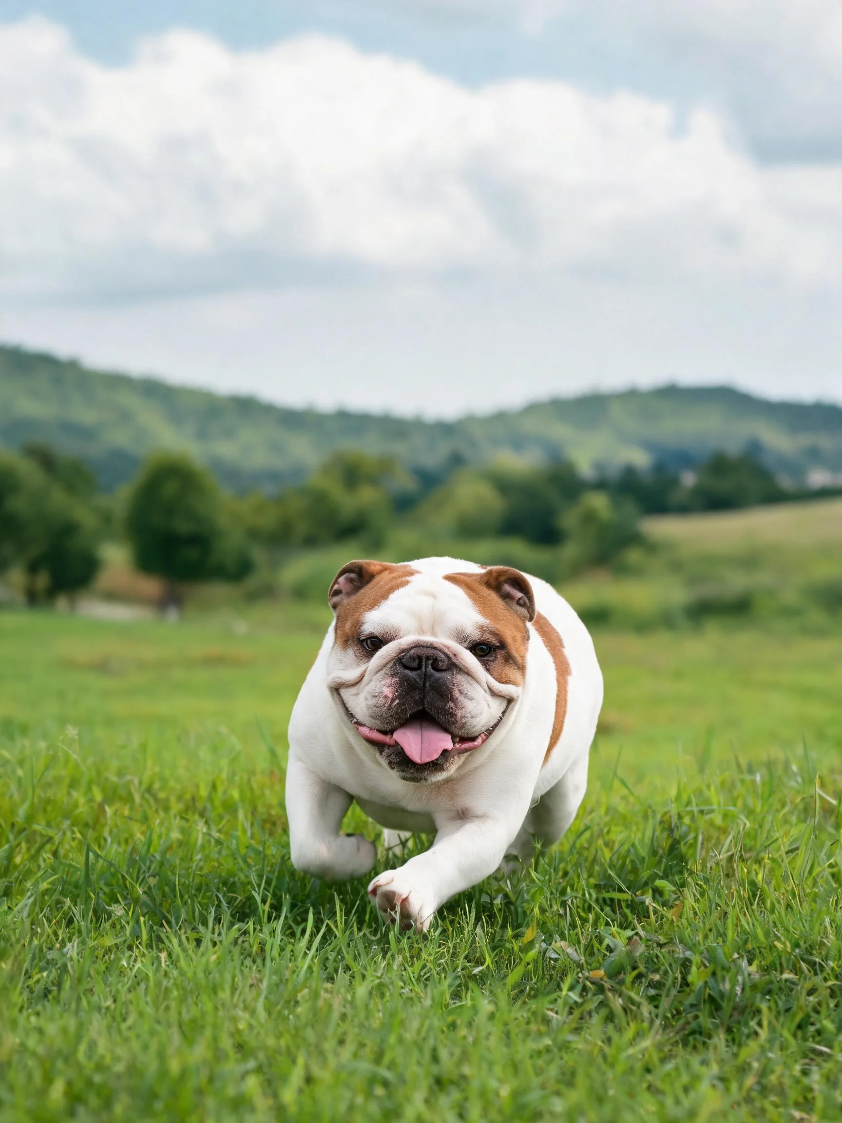 英格兰斗牛犬在绿色草地上奔跑,嘴巴张开露出湿润的粉色舌头。