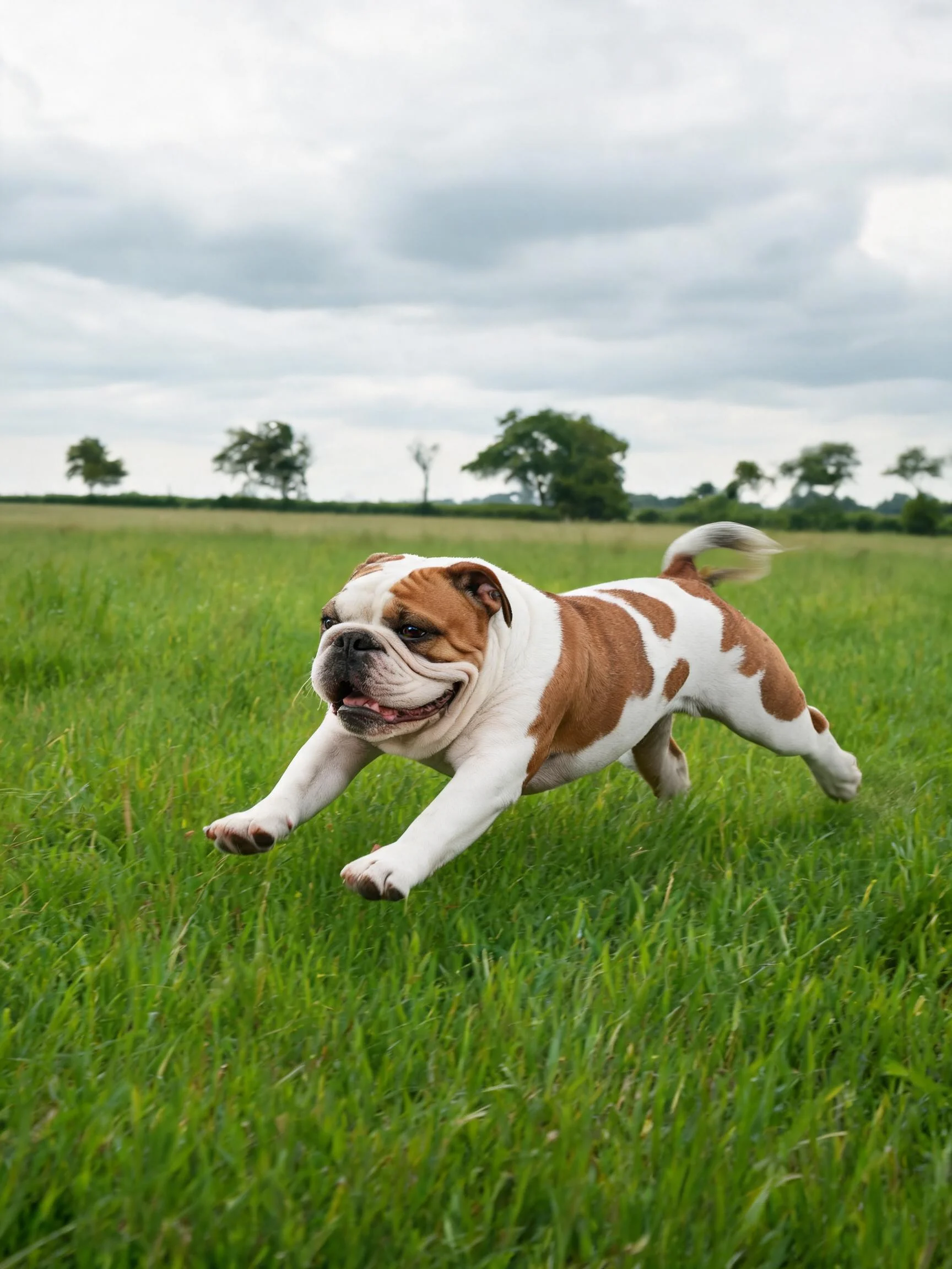 英国斗牛犬幼犬白色毛发带棕色斑块,在绿色草地上奔跑的姿态。