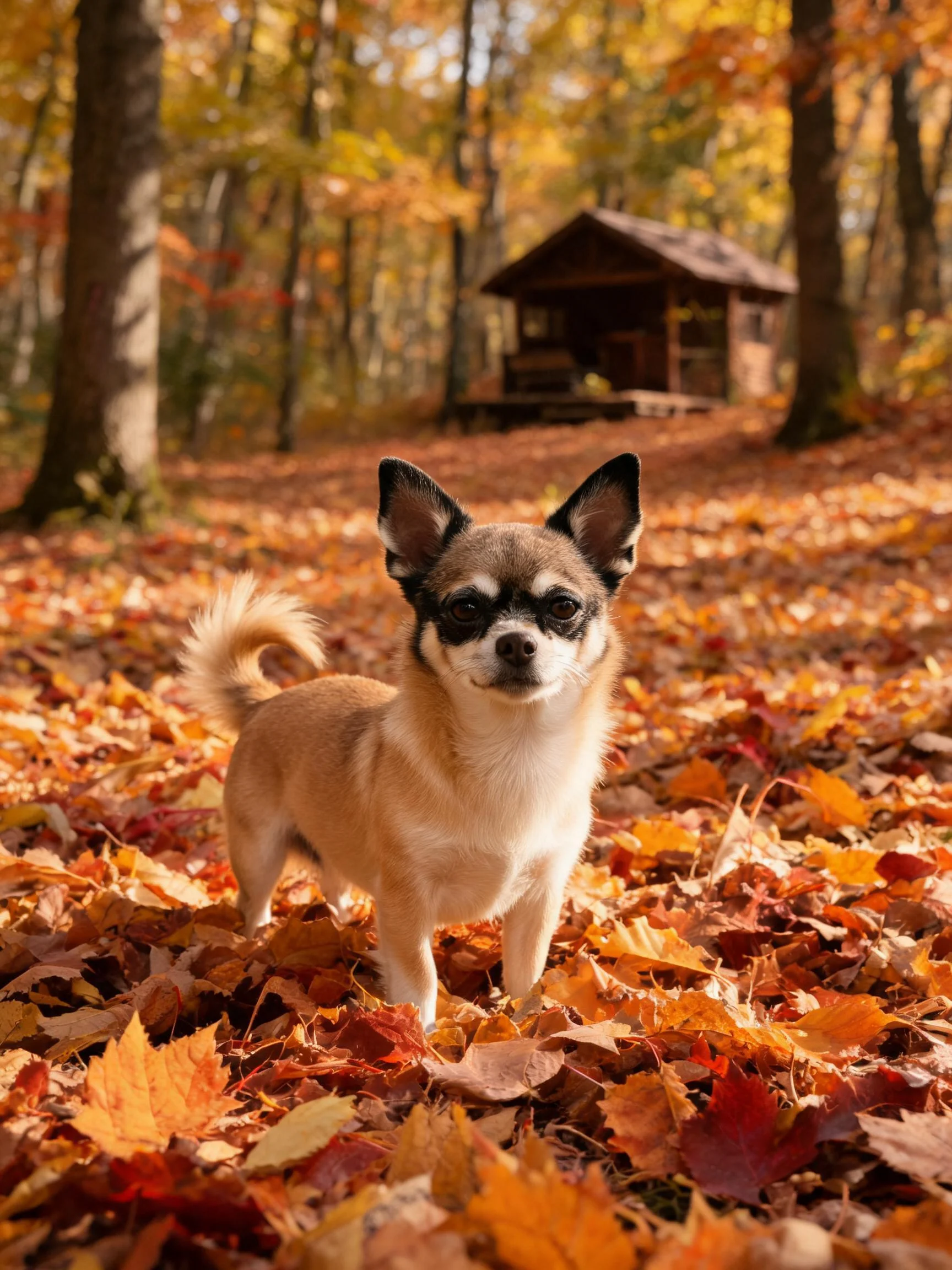 吉娃娃犬目光专注地注视前方,面部有黑色斑纹,周围环绕着色彩丰富的秋季落叶。