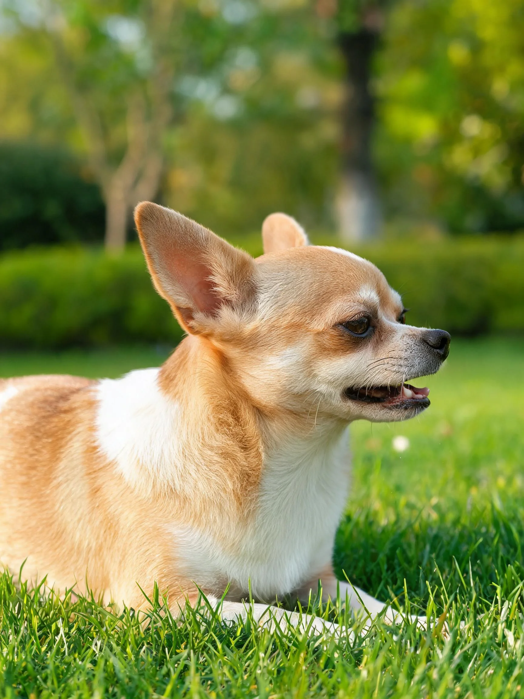 吉娃娃犬有着浅棕色与白色相间的被毛,耳朵竖立,正安静地躺卧在绿色草坪上,周围有茂密灌木。