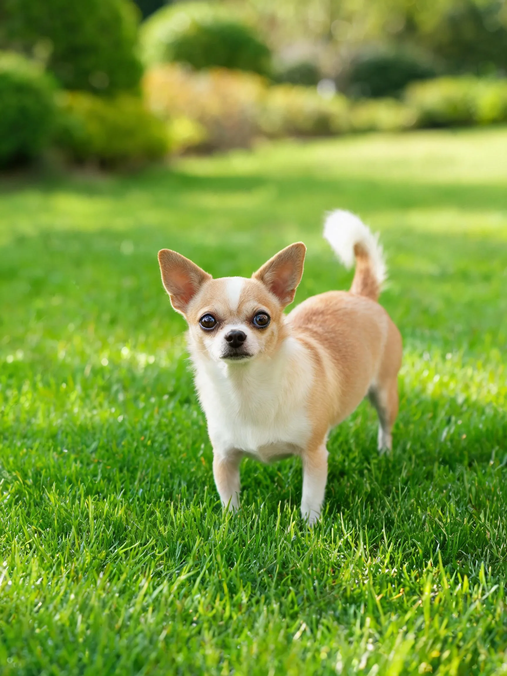 吉娃娃犬有着浅棕色与白色相间的被毛,耳朵竖立,眼睛明亮。