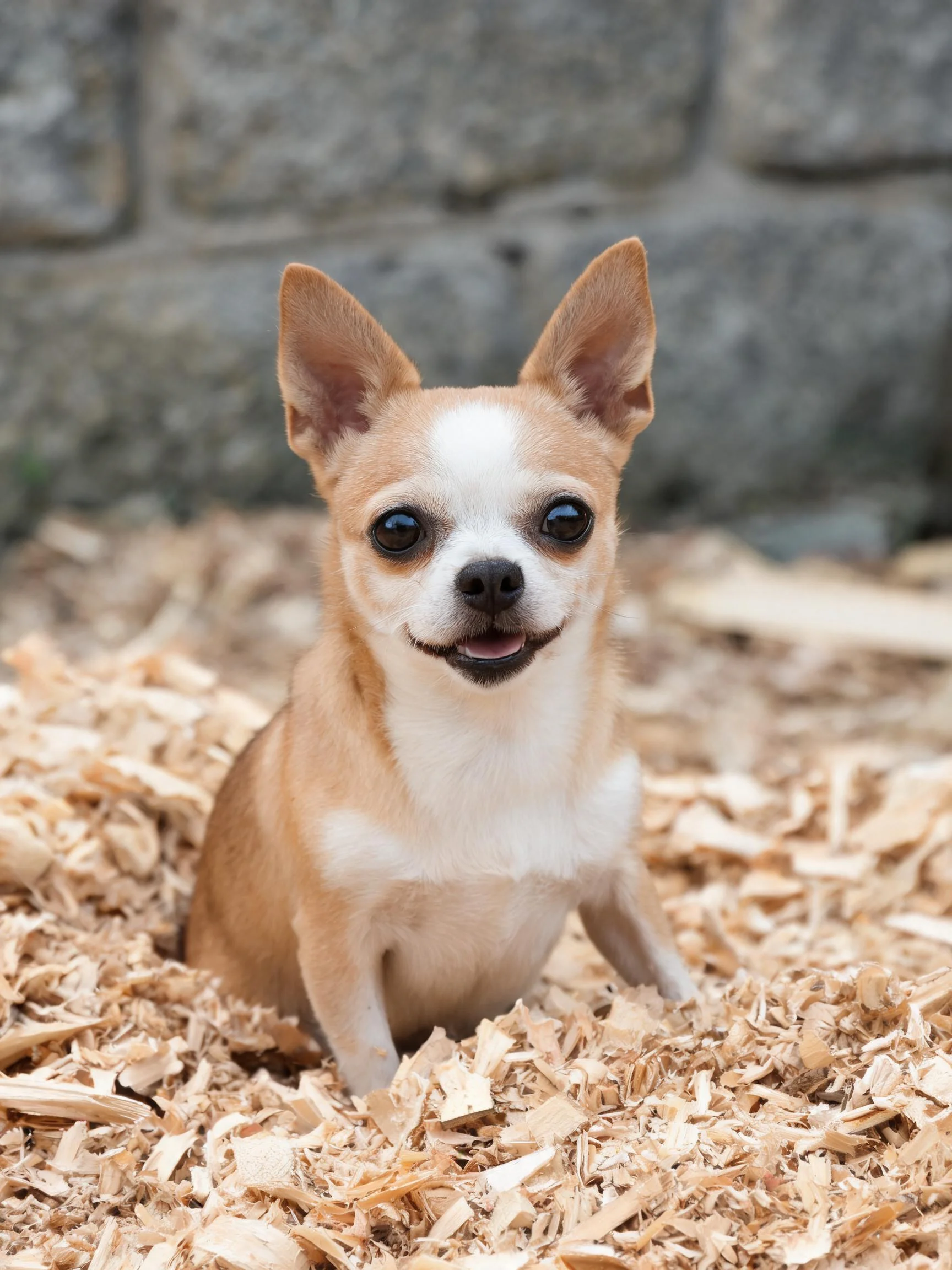 吉娃娃犬在木屑上安静坐着,浅棕色与白色相间的毛发清晰可见,耳朵直立。