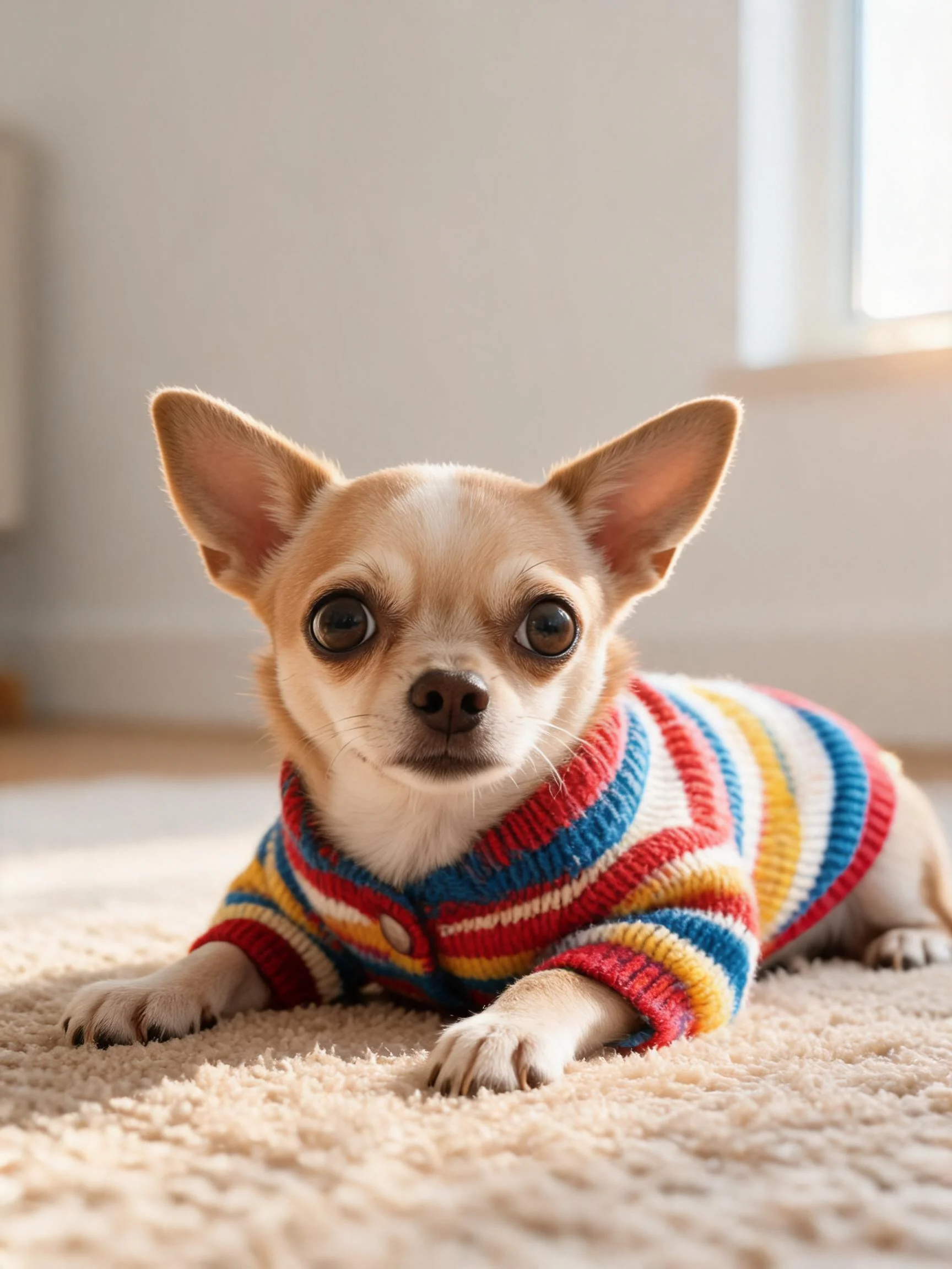 吉娃娃犬穿着彩色条纹毛衣，专注地注视着镜头方向，眼睛清澈明亮，神情可爱。