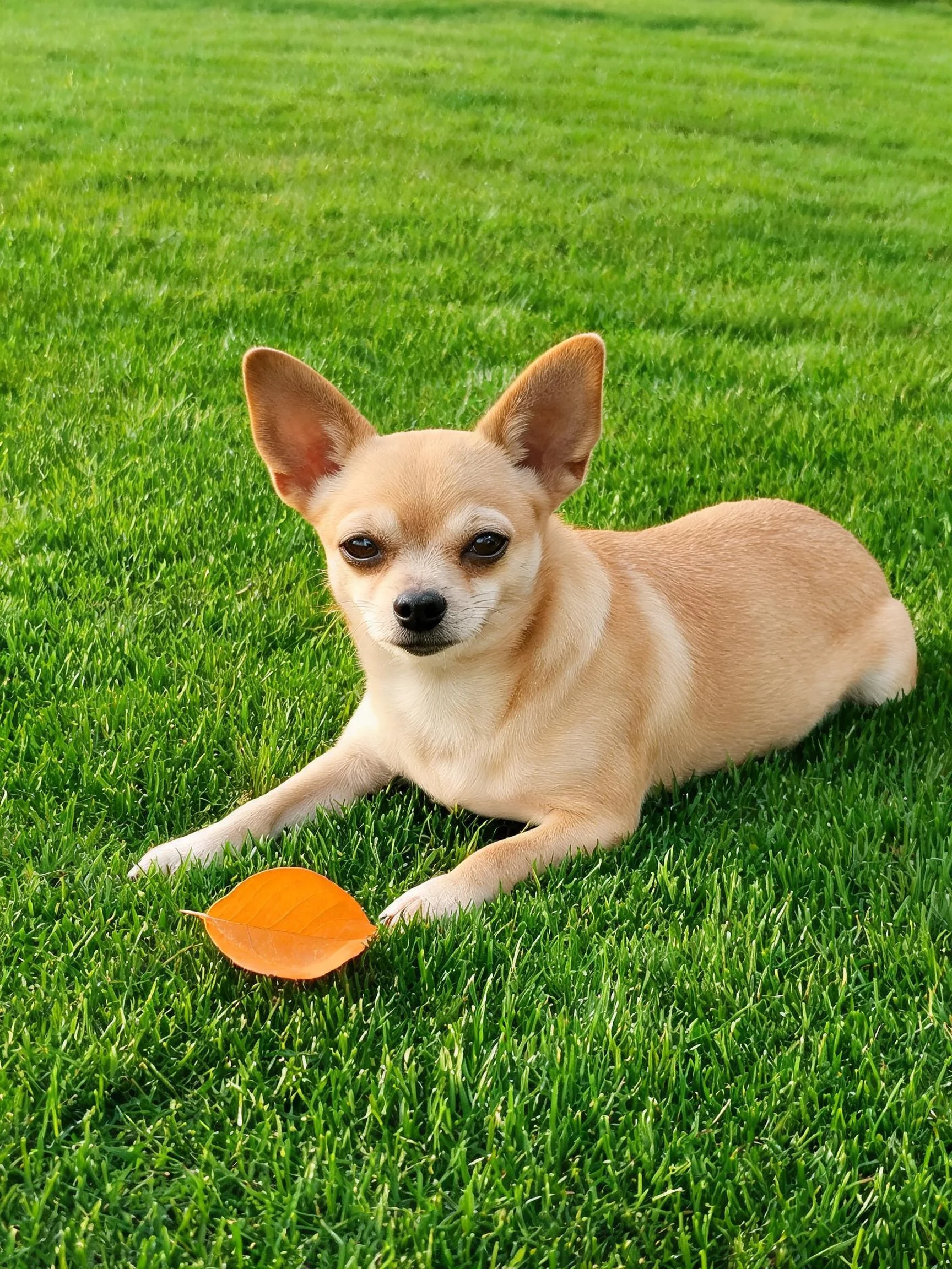吉娃娃犬趴在草坪上，身旁一片橙黄色落叶，浅棕色毛发柔软顺滑。