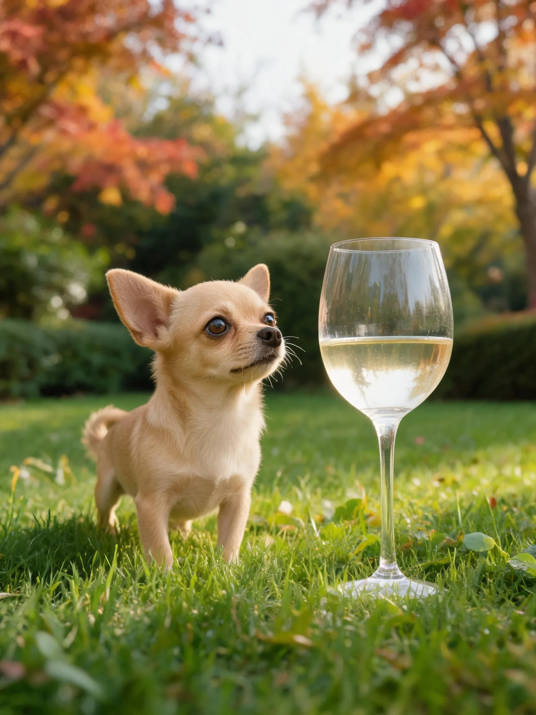 浅棕色吉娃娃犬注视着身旁装有淡黄色液体的酒杯,耳朵竖起呈现警觉姿态。