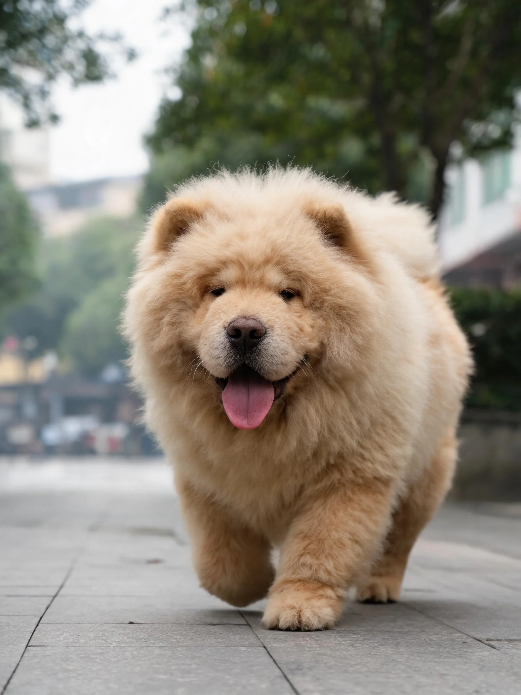獒犬在户外步道上行走,粉红色舌头伸出,毛发蓬松柔软。