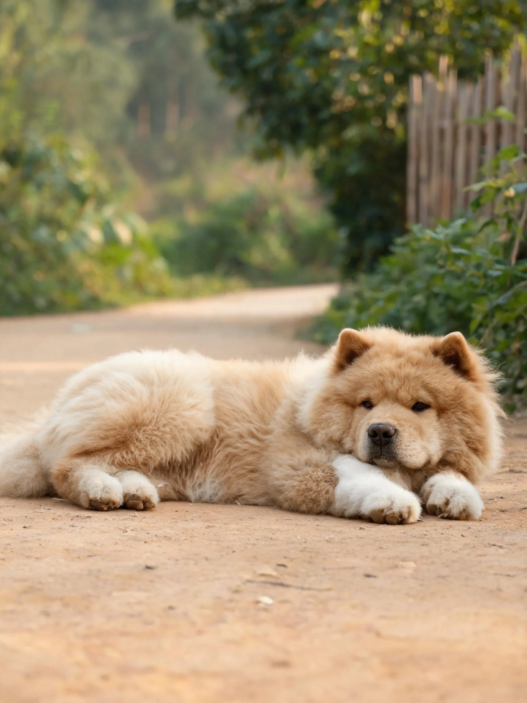 一只浅棕白相间的獒犬将头靠在前肢上趴卧在土路上,毛发蓬松柔软。