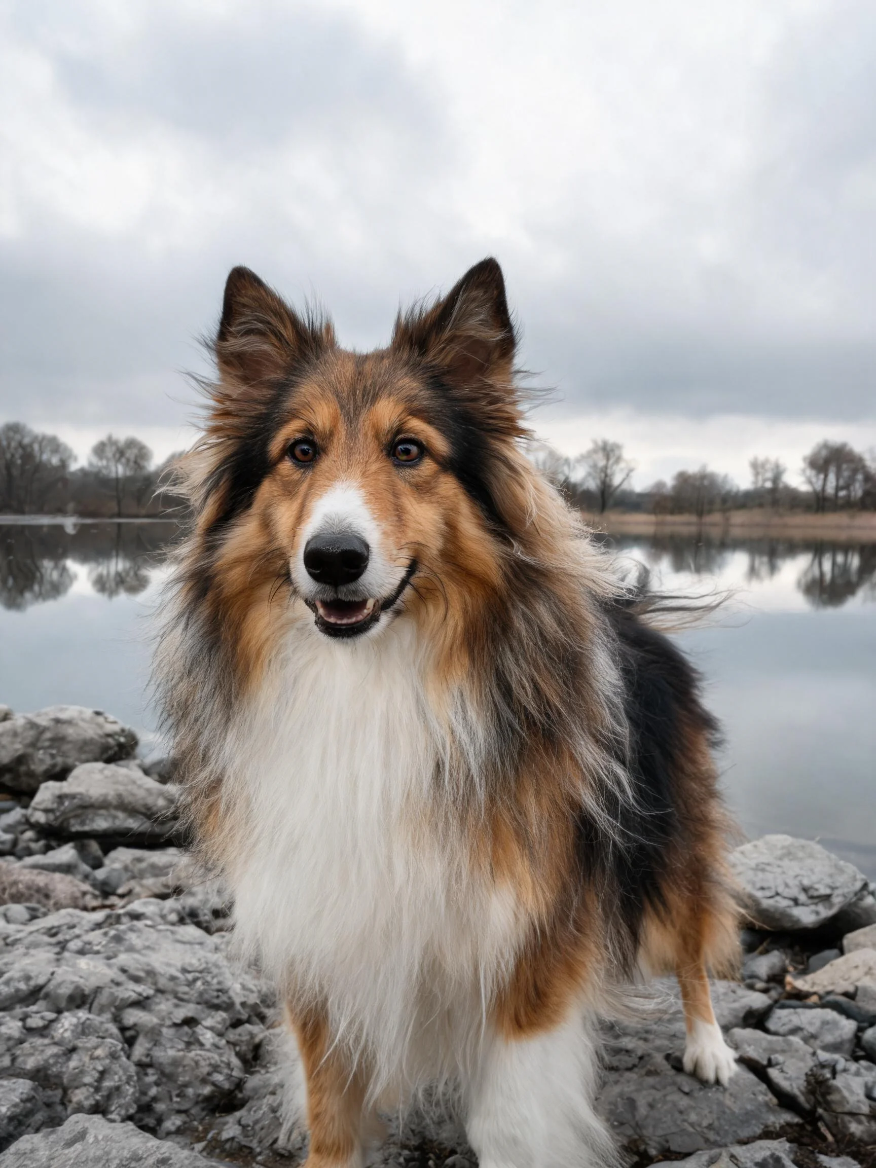 设得兰牧羊犬站在岩石上,毛发呈现出黑棕白相间的颜色,耳朵竖起,眼神温和。