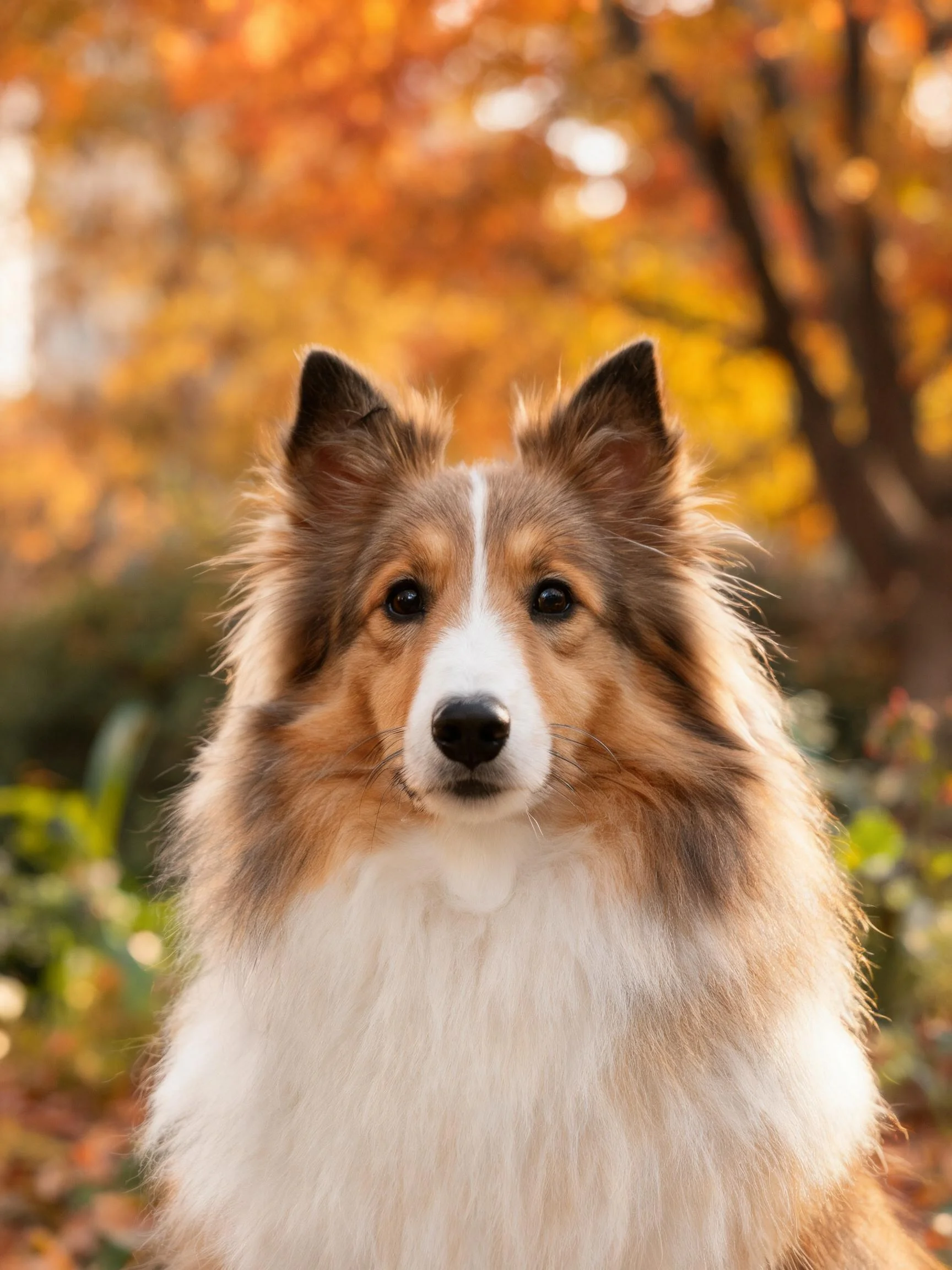 设得兰牧羊犬有着棕白相间的毛发，耳朵竖立，眼神专注地看向前方。