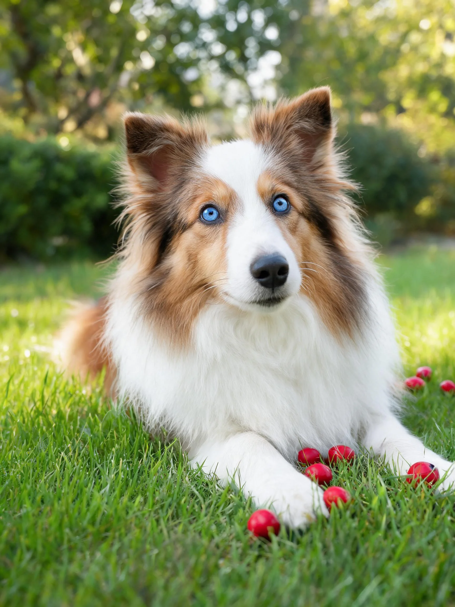 一只蓝眼睛的苏格兰牧羊犬趴在草地上,周围有红色小球体,毛发柔软蓬松。