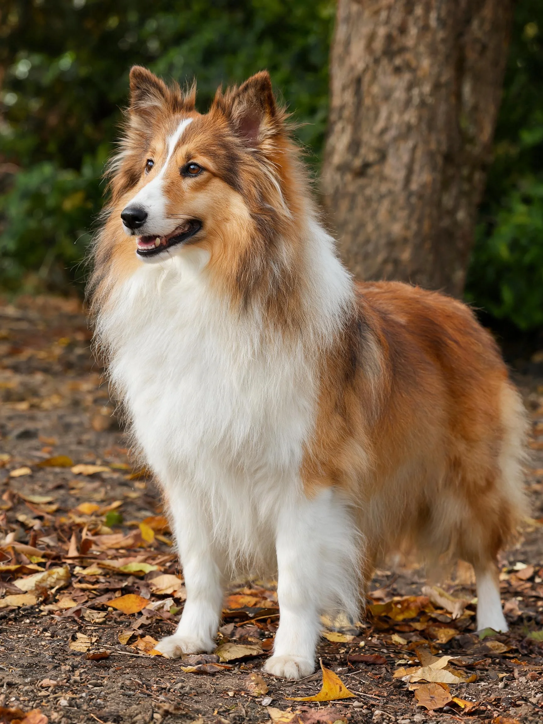 边境牧羊犬站立着,红棕色与白色的蓬松毛发柔软顺滑。