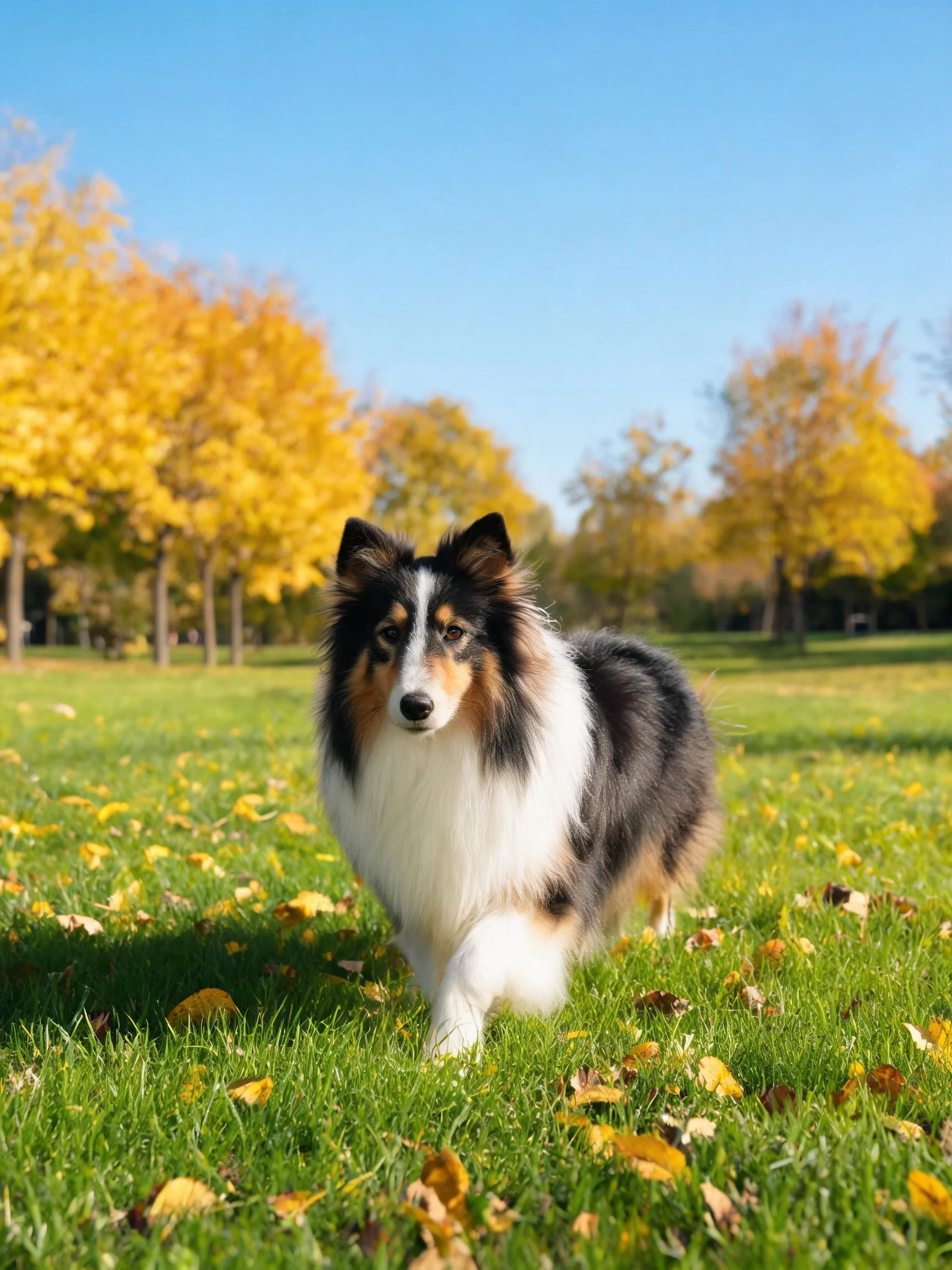 边境牧羊犬黑白棕相间的毛发清晰可见,正走在满是落叶的绿色草地上。