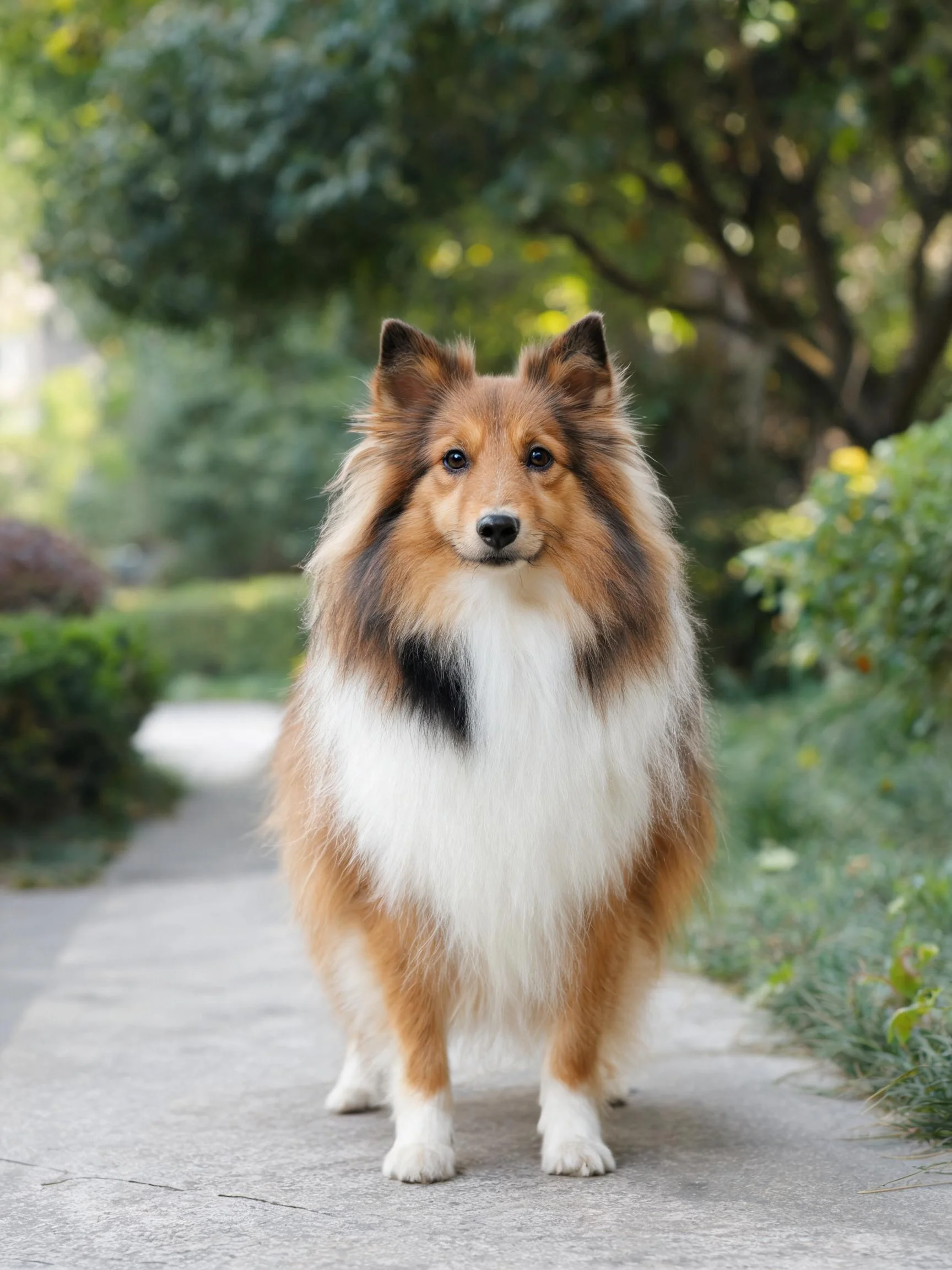 喜乐蒂牧羊犬有着棕白相间的毛发,正安静地站立在砖石小径上,周围有茂密绿植。