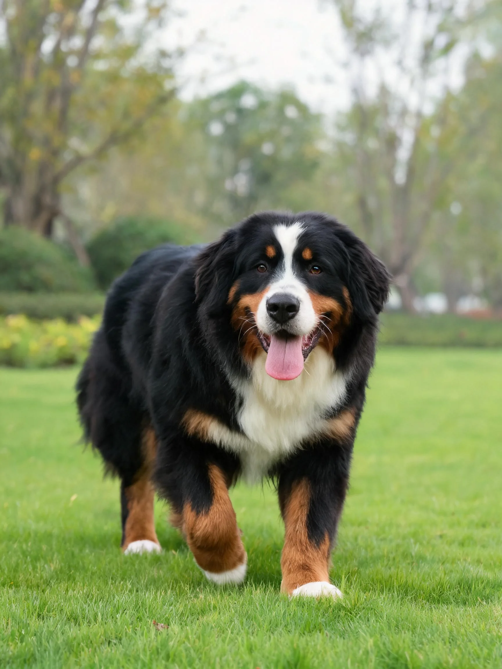 伯恩山犬有着黑色主体搭配白色胸部与棕色四肢，正迈步前行，舌头伸出。