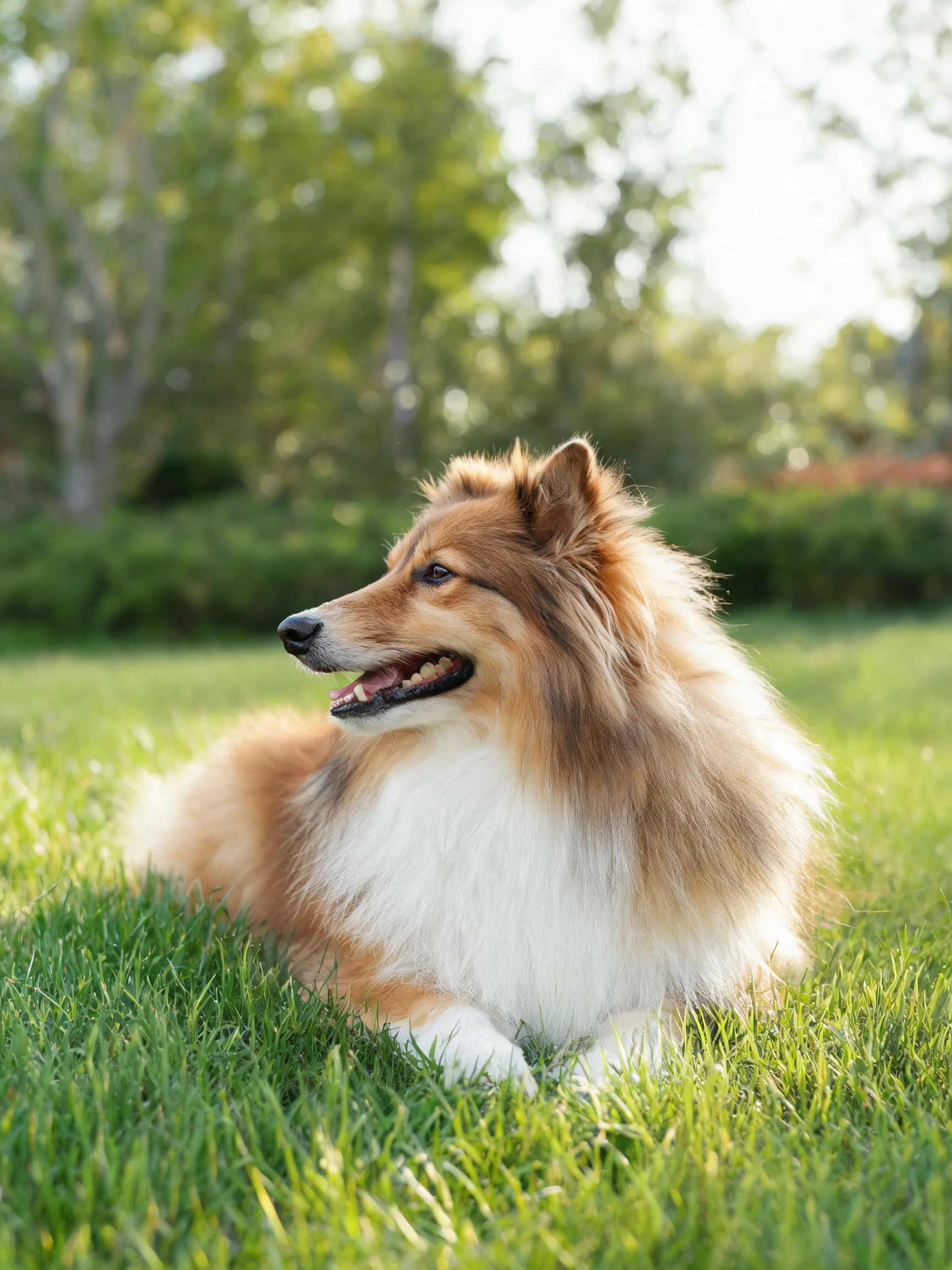 边境牧羊犬有着棕白相间的毛发，嘴巴张开，趴在绿油油的草地上，耳朵竖立着。