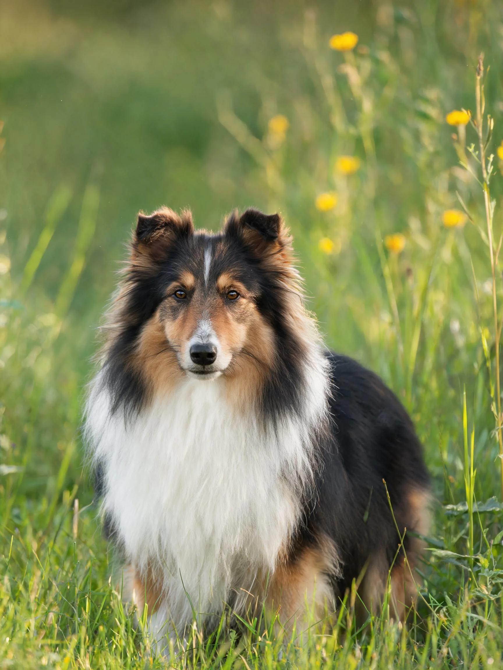 边境牧羊犬有着黑白棕三色蓬松柔软的毛发,正安静地注视着前方。