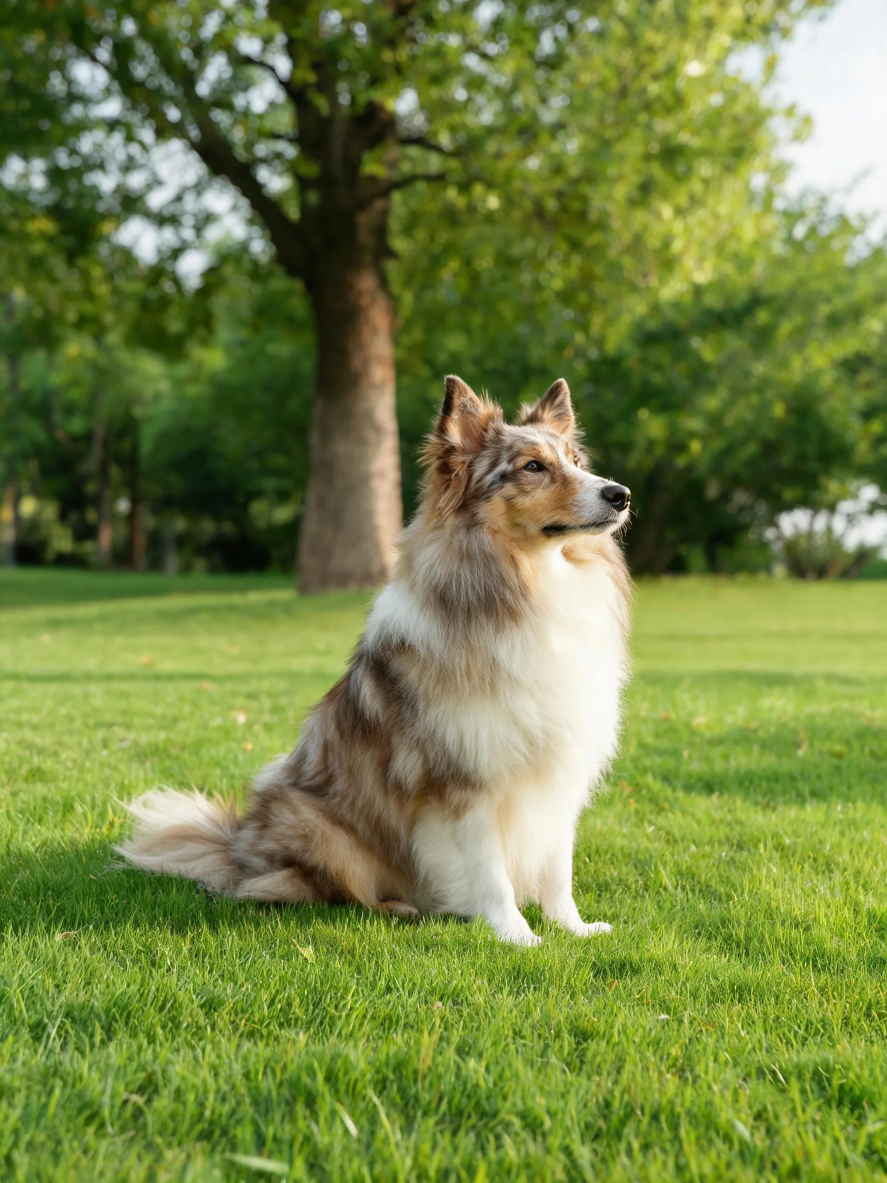 设得兰牧羊犬有着浓密蓬松的长毛,耳朵竖起,目光注视远方。