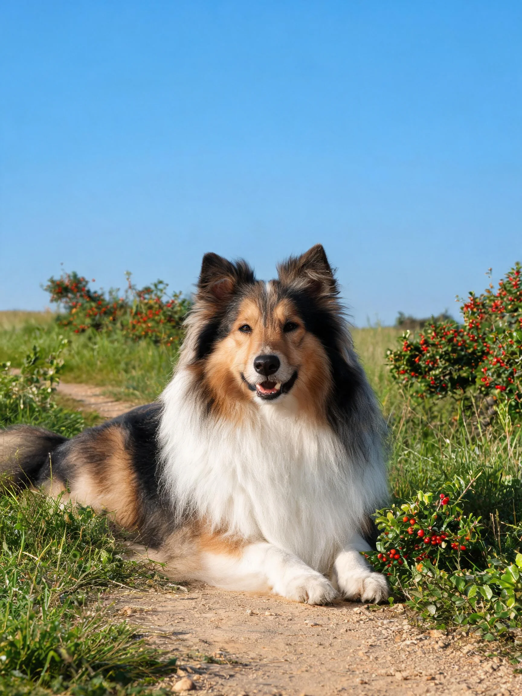 设得兰牧羊犬趴在小径上，长而蓬松的黑、白、棕相间毛发清晰可见。