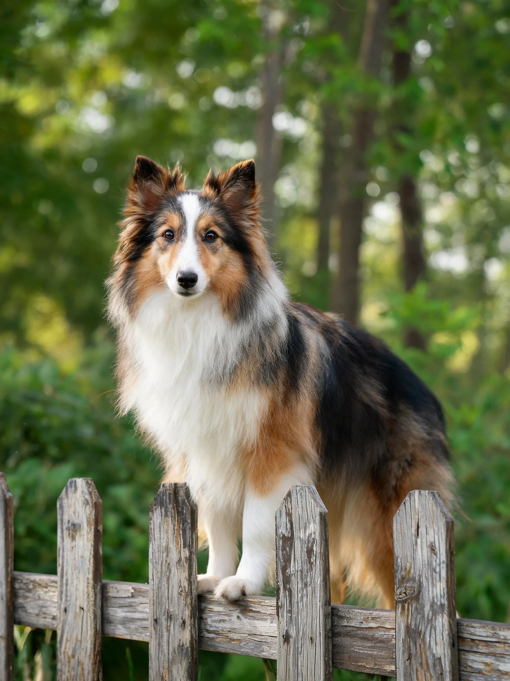 一只黑白棕相间的苏格兰牧羊犬站在木栅栏上,前爪轻触栅栏边缘。