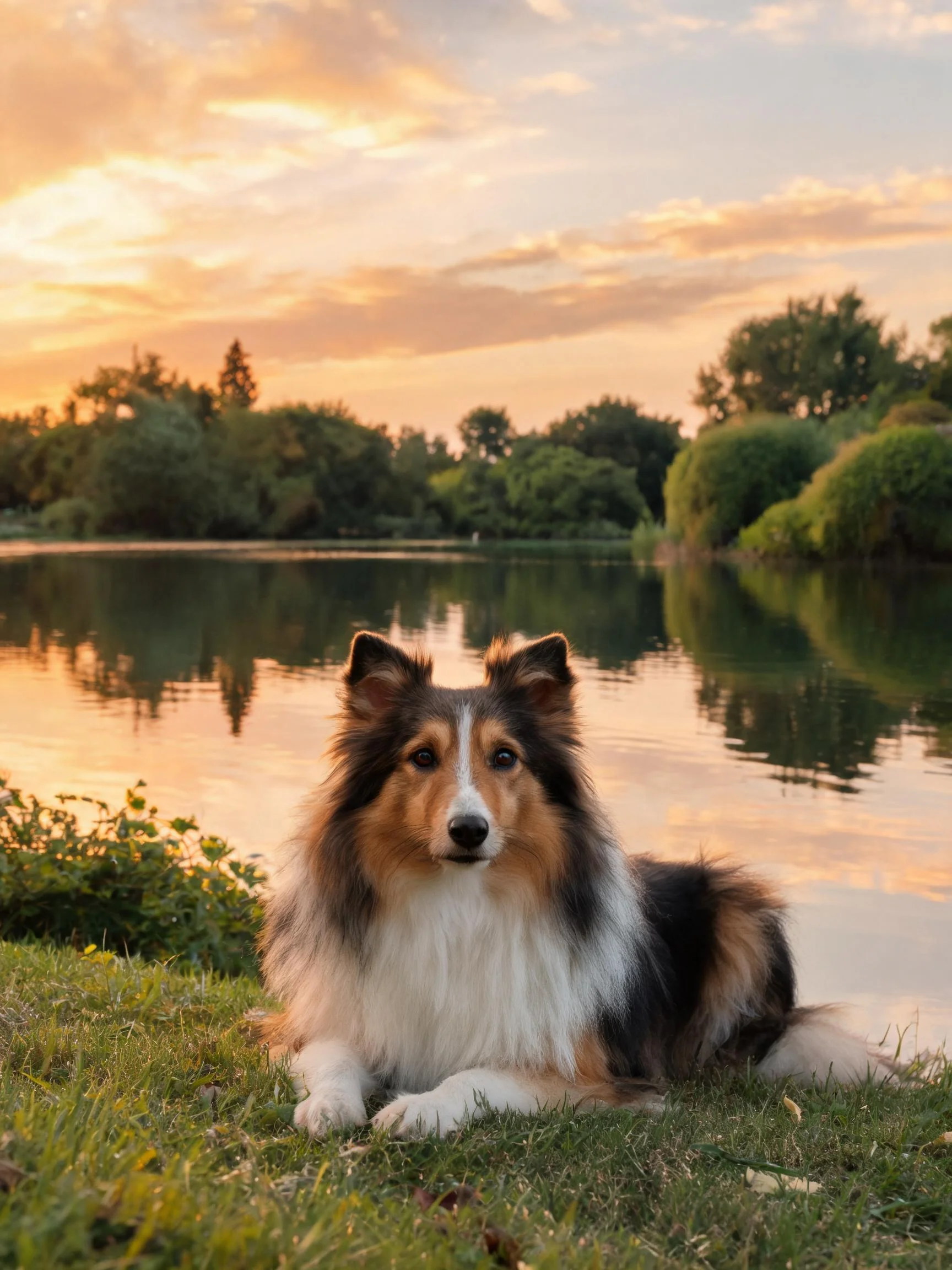 一只三色边境牧羊犬安静地趴在夕阳下的湖边草地上,毛发蓬松柔软,目光平静注视前方。