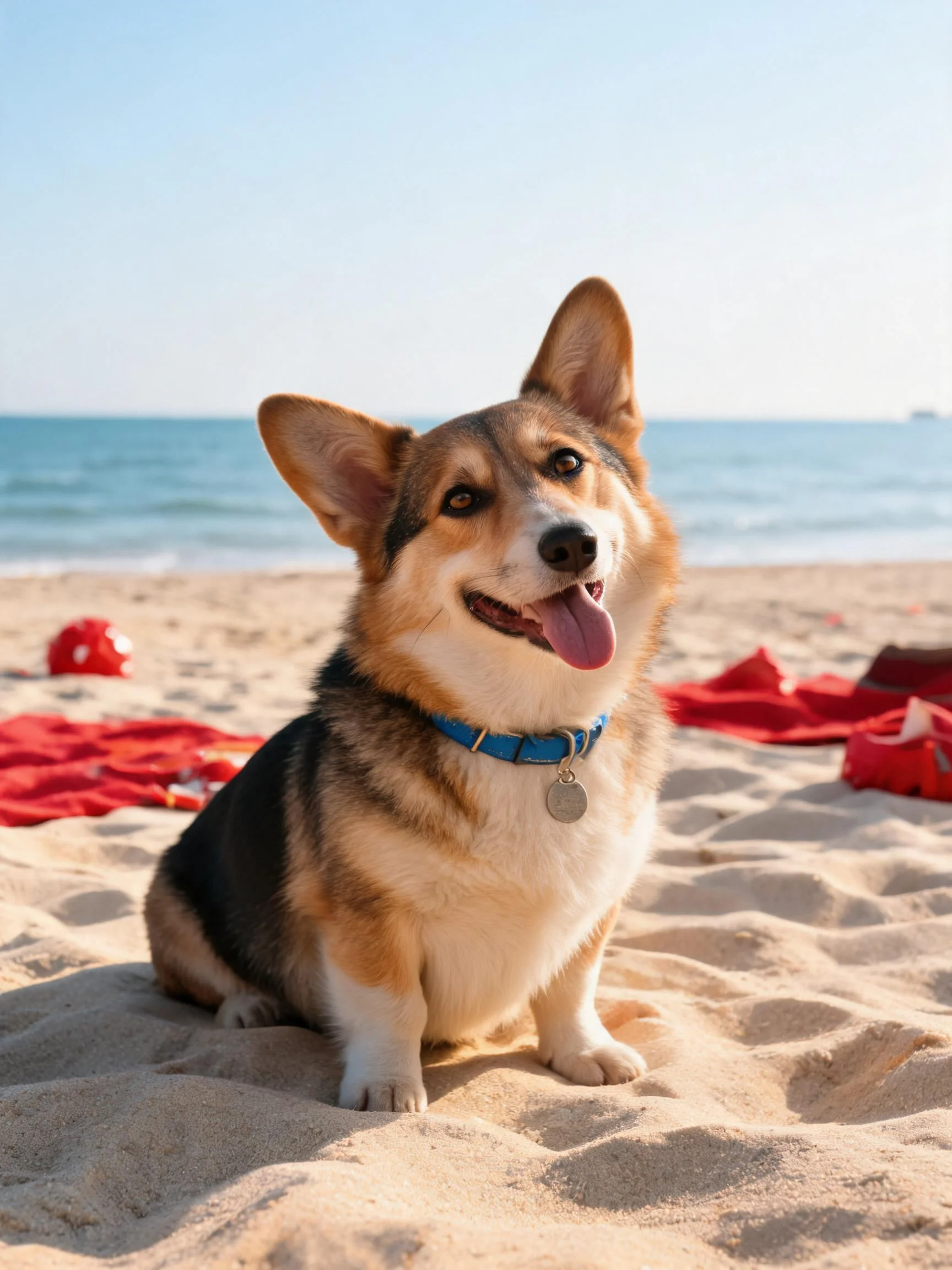 沙滩上戴着蓝色项圈的柯基犬,嘴巴张开露出湿润的舌头,三色毛发清晰可见。