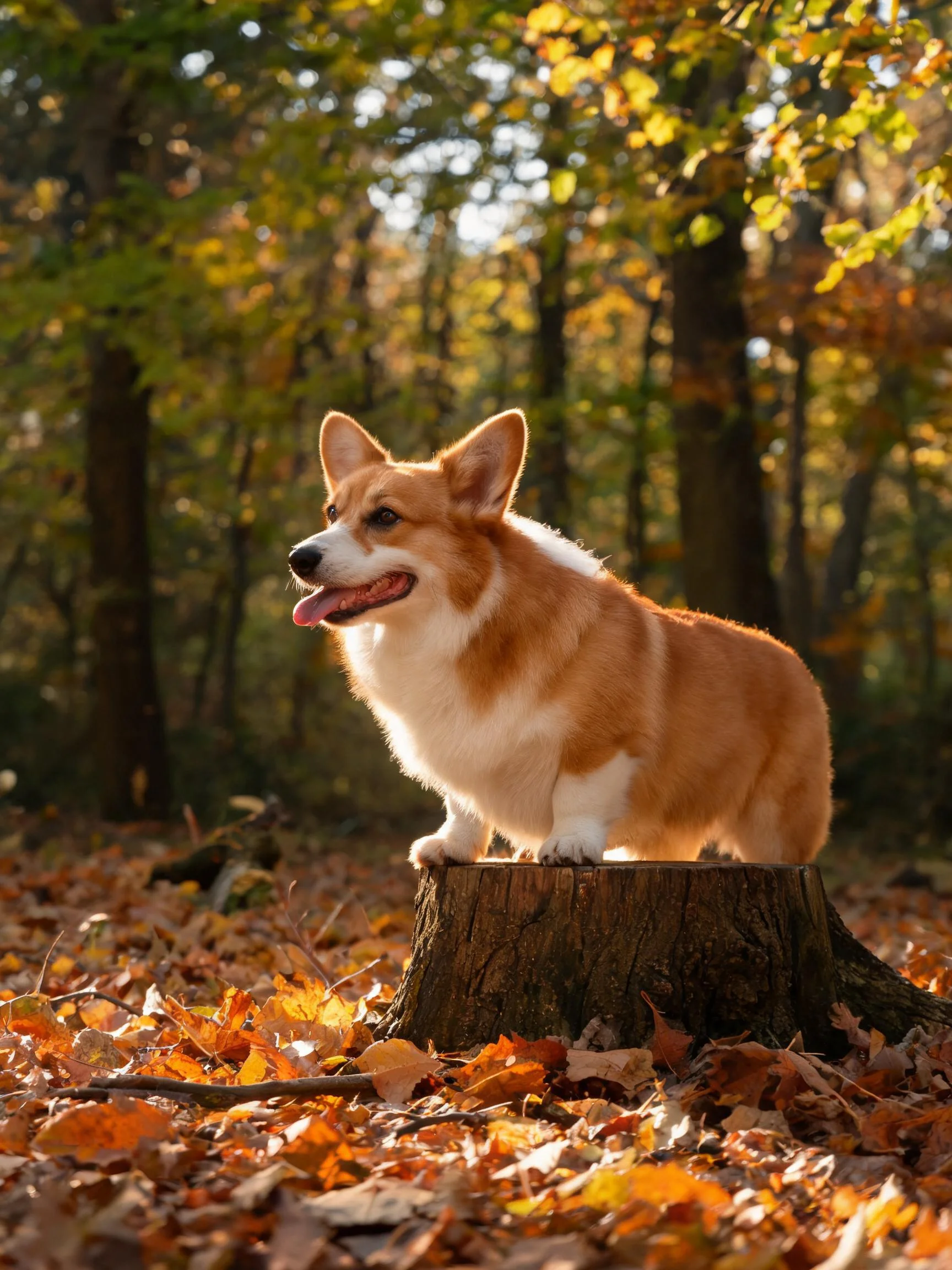 一只柯基犬站在树桩上，金棕色与白色相间的毛发，嘴巴张开露出舌头。