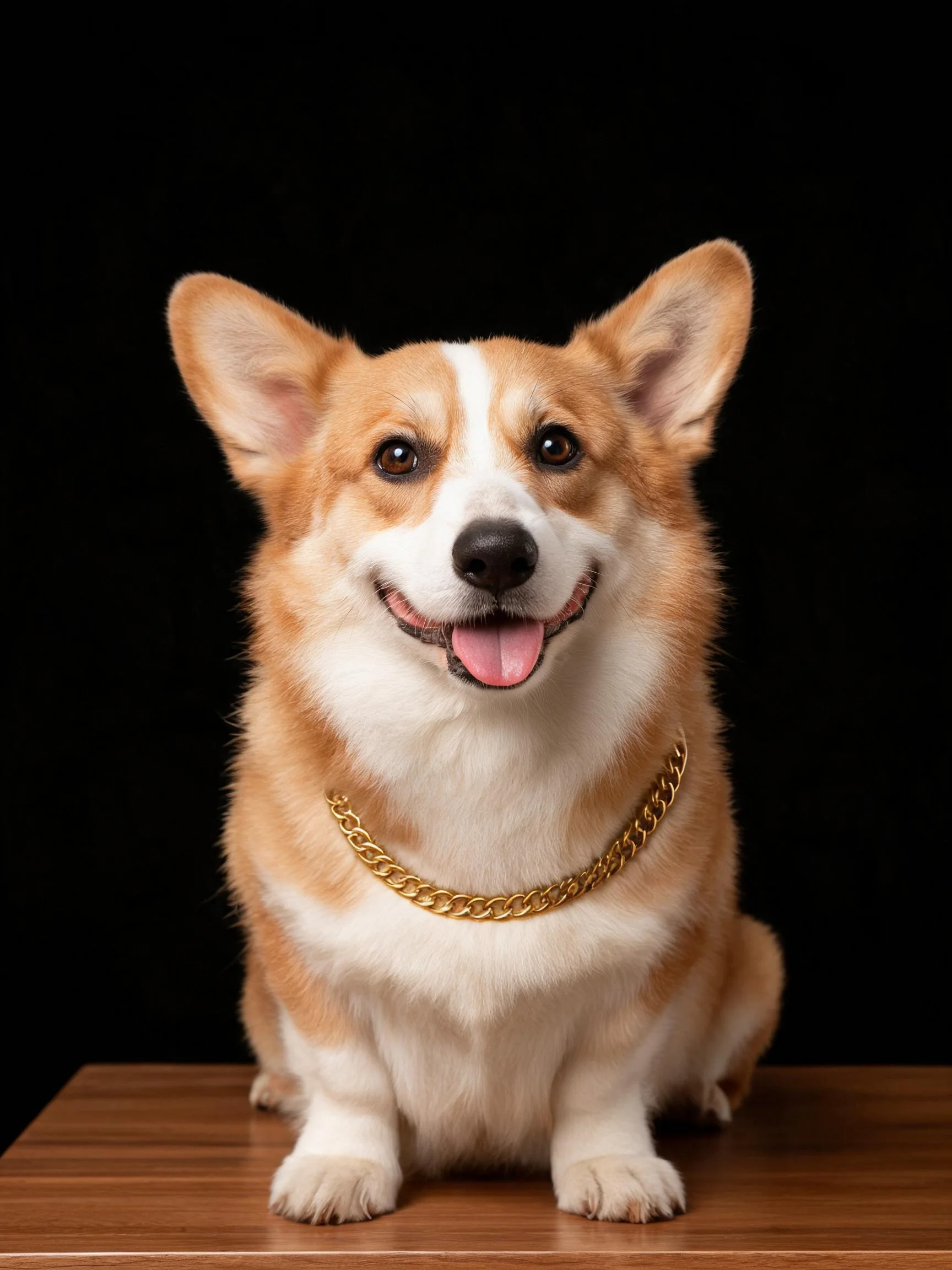威尔士柯基犬佩戴金色链条,白色与浅棕色毛发分明,嘴巴张开露出粉色舌头。