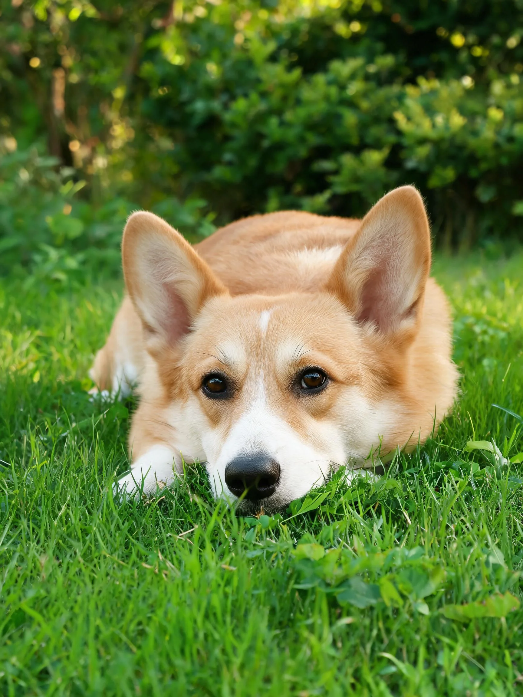 威尔士柯基犬趴在草地上,浅棕色毛发搭配白色口鼻部,大耳朵竖立着。