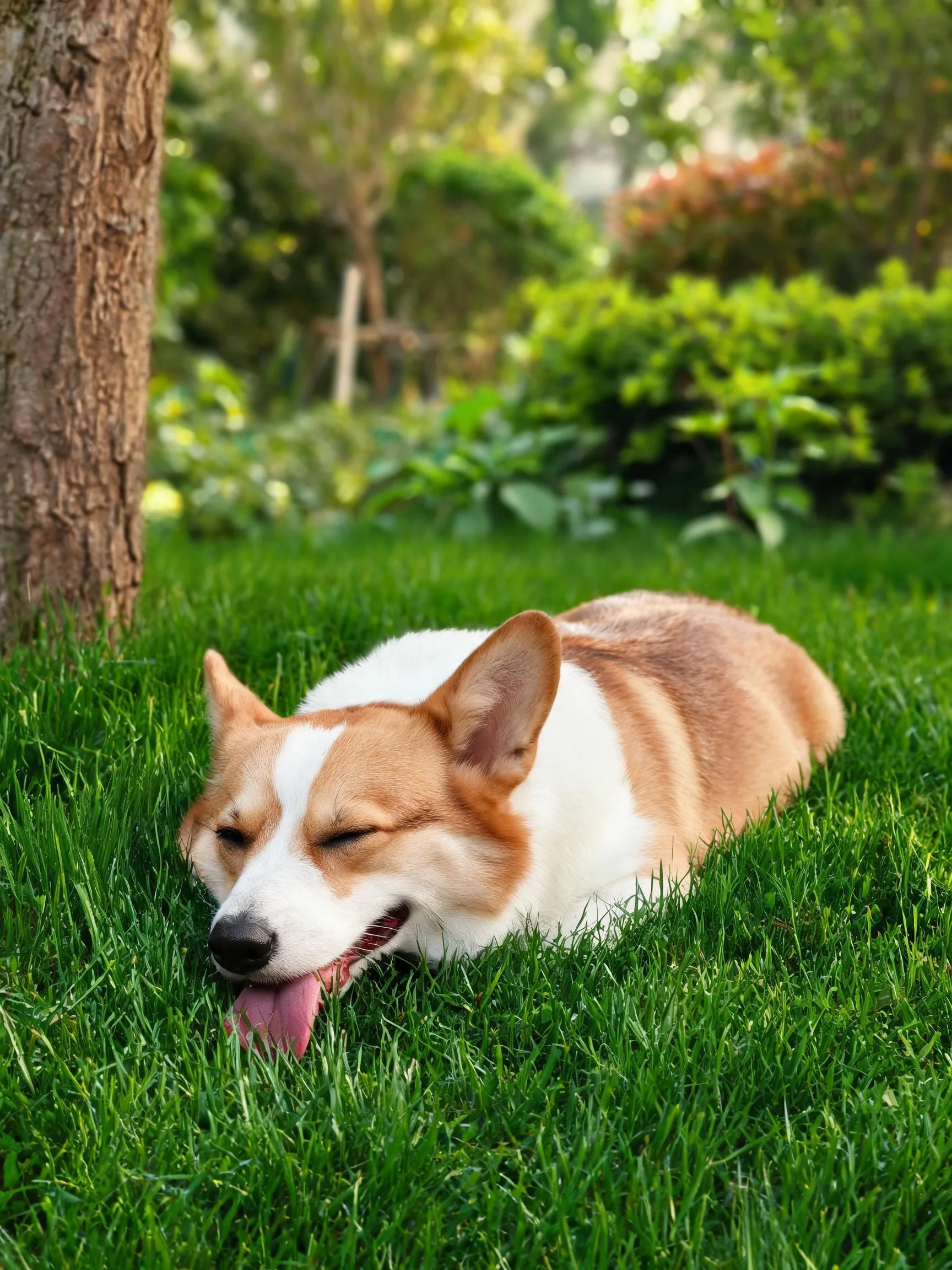 威尔士柯基犬安静躺卧在绿色草坪上,浅棕与白色毛发清晰可见,舌头伸出。