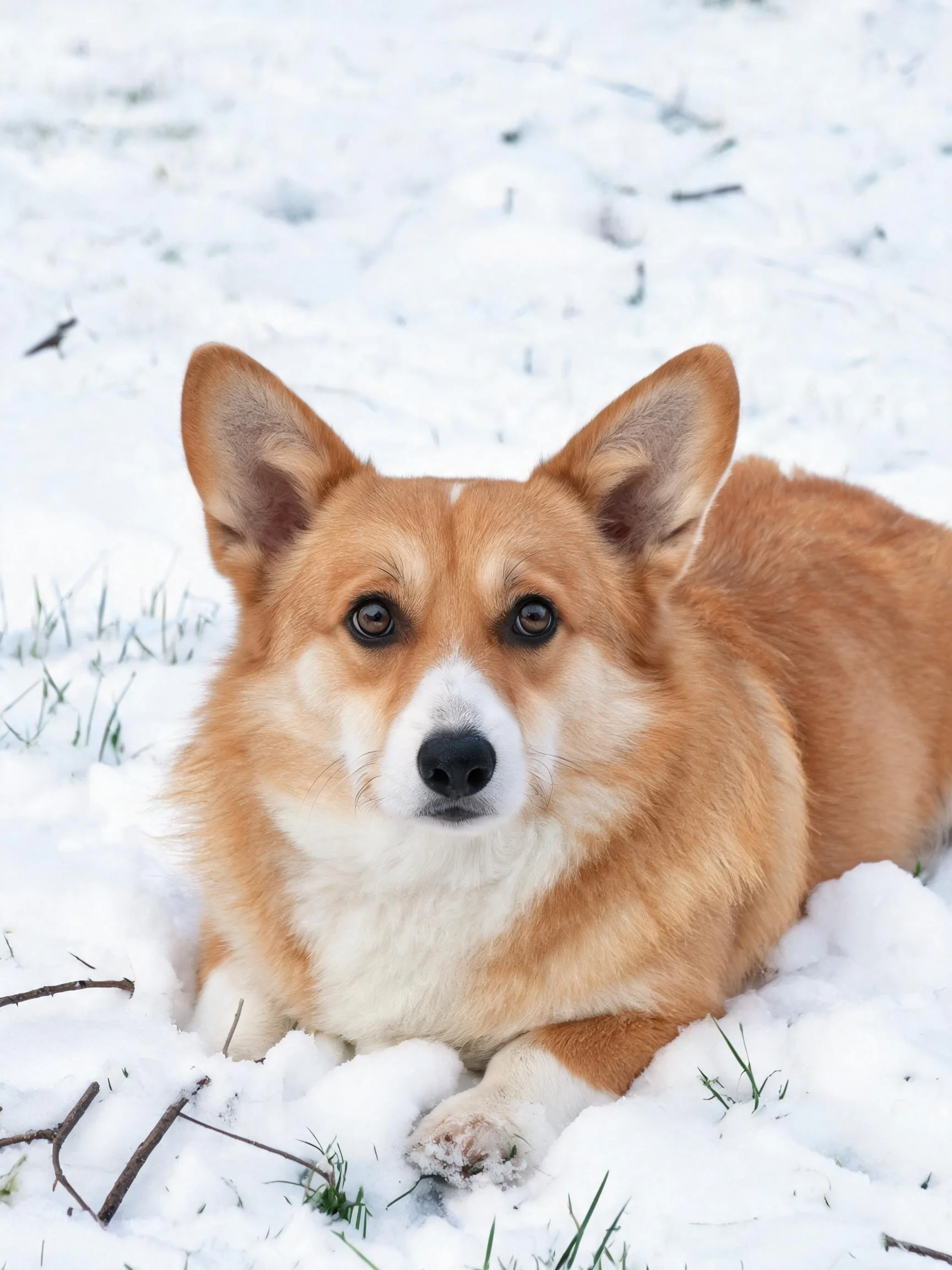威尔士柯基犬双眼明亮注视镜头,浅棕色与白色相间的毛发在雪地背景中清晰可见。