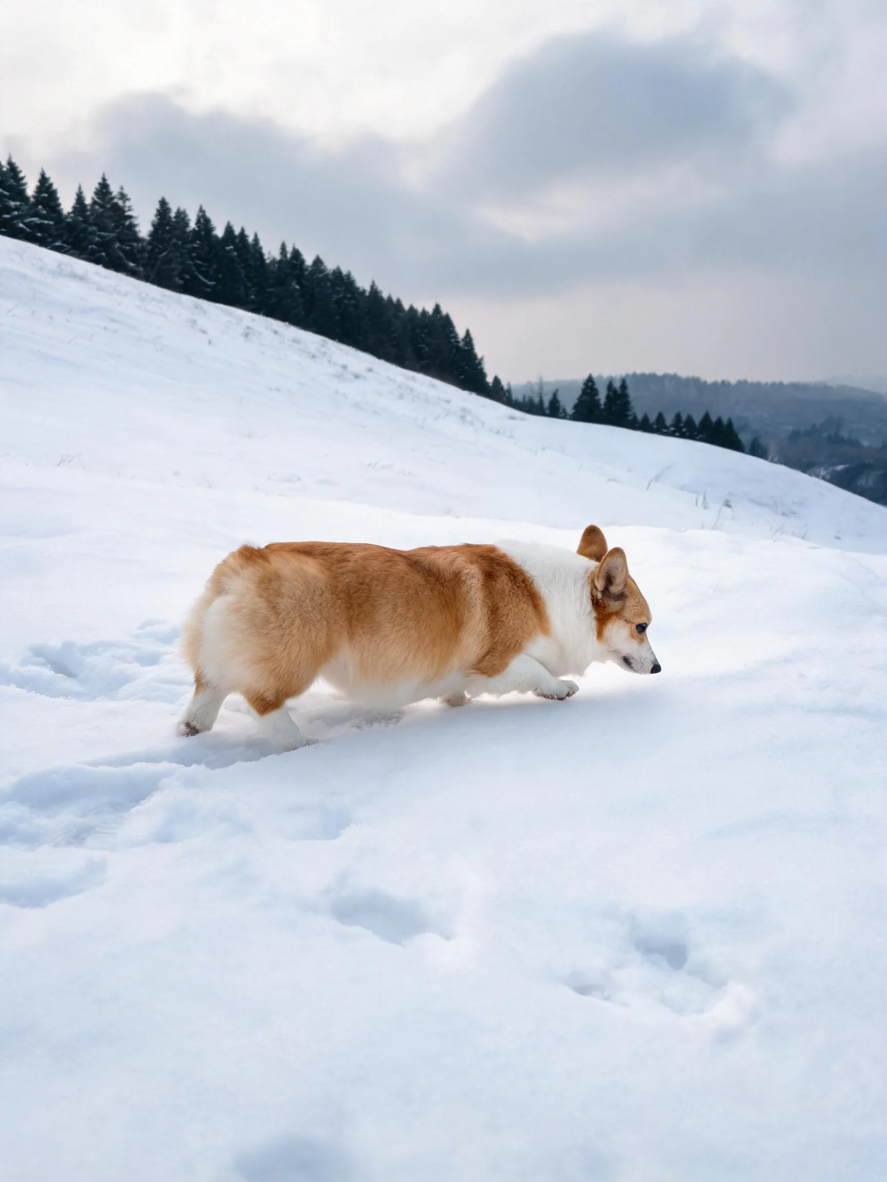 一只橙白相间的柯基犬在雪地行走,脚印清晰地印在厚实的雪层表面。
